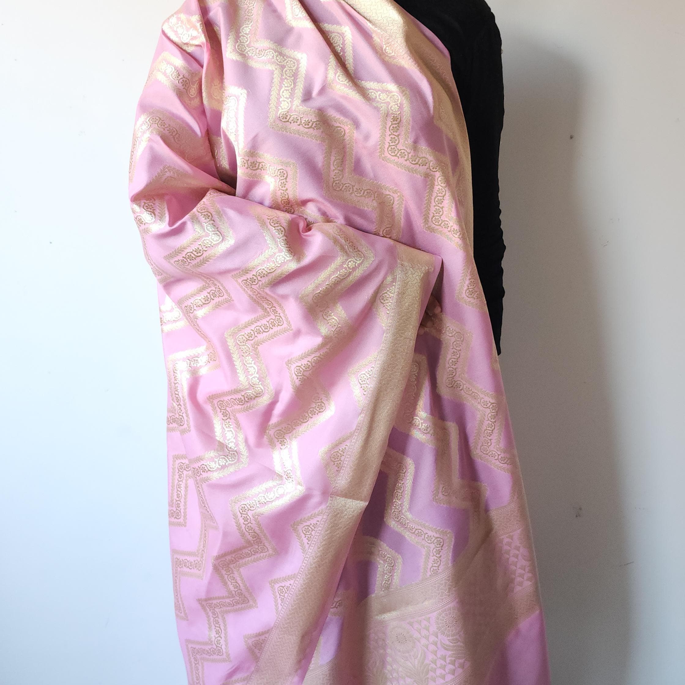 Soft Pastel Pink Banarasi Dupatta  Golden Chevron Pattern, Youthful Radiance