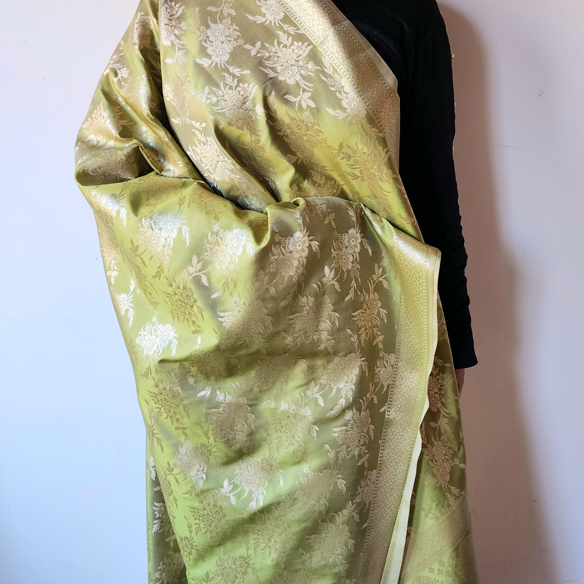 Sage Green Banarasi Dupatta  Floral Brocade Zari, Subtle Heritage Grace