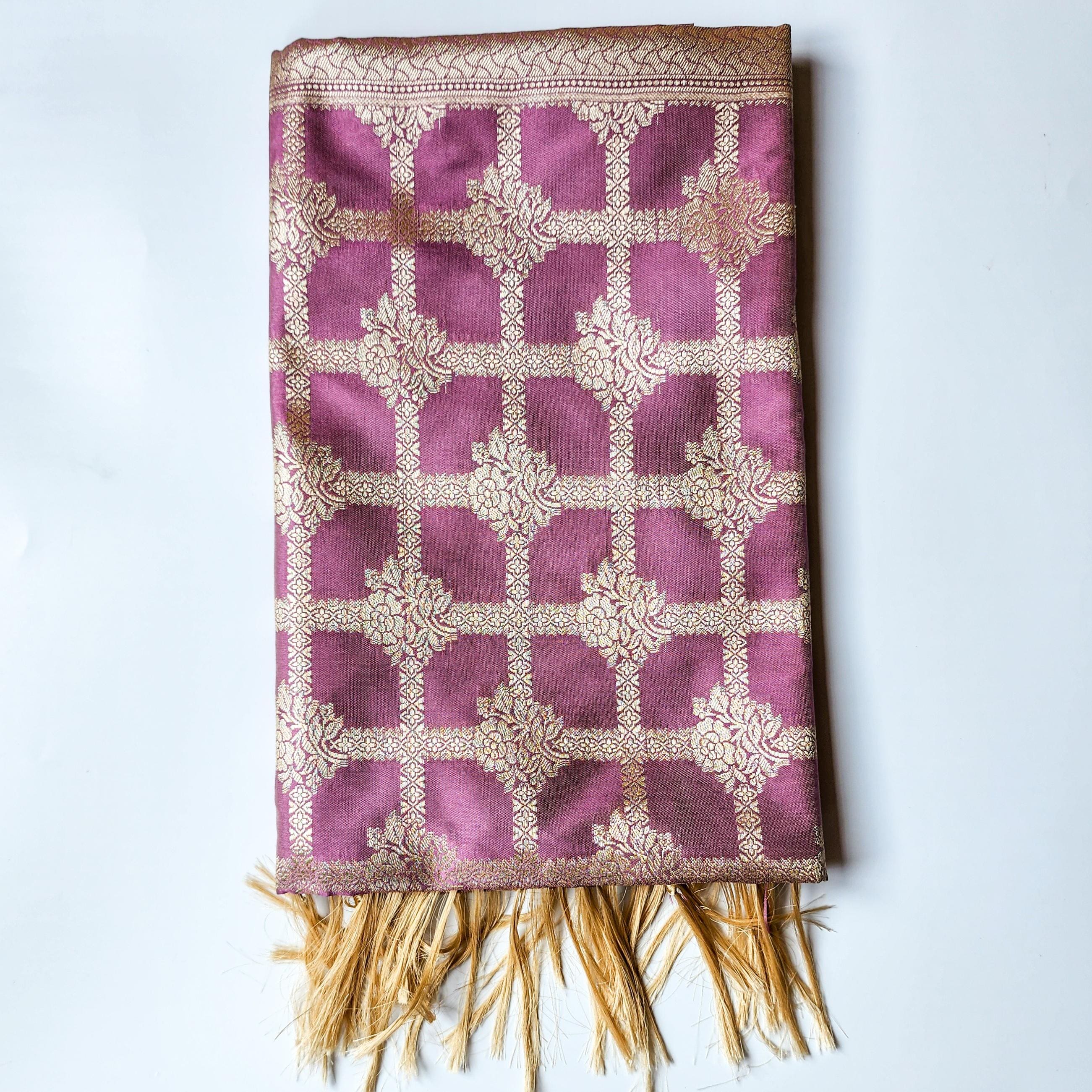 Rose Pink Banarasi Dupatta  Zari Grid Pattern, Elegant & Feminine