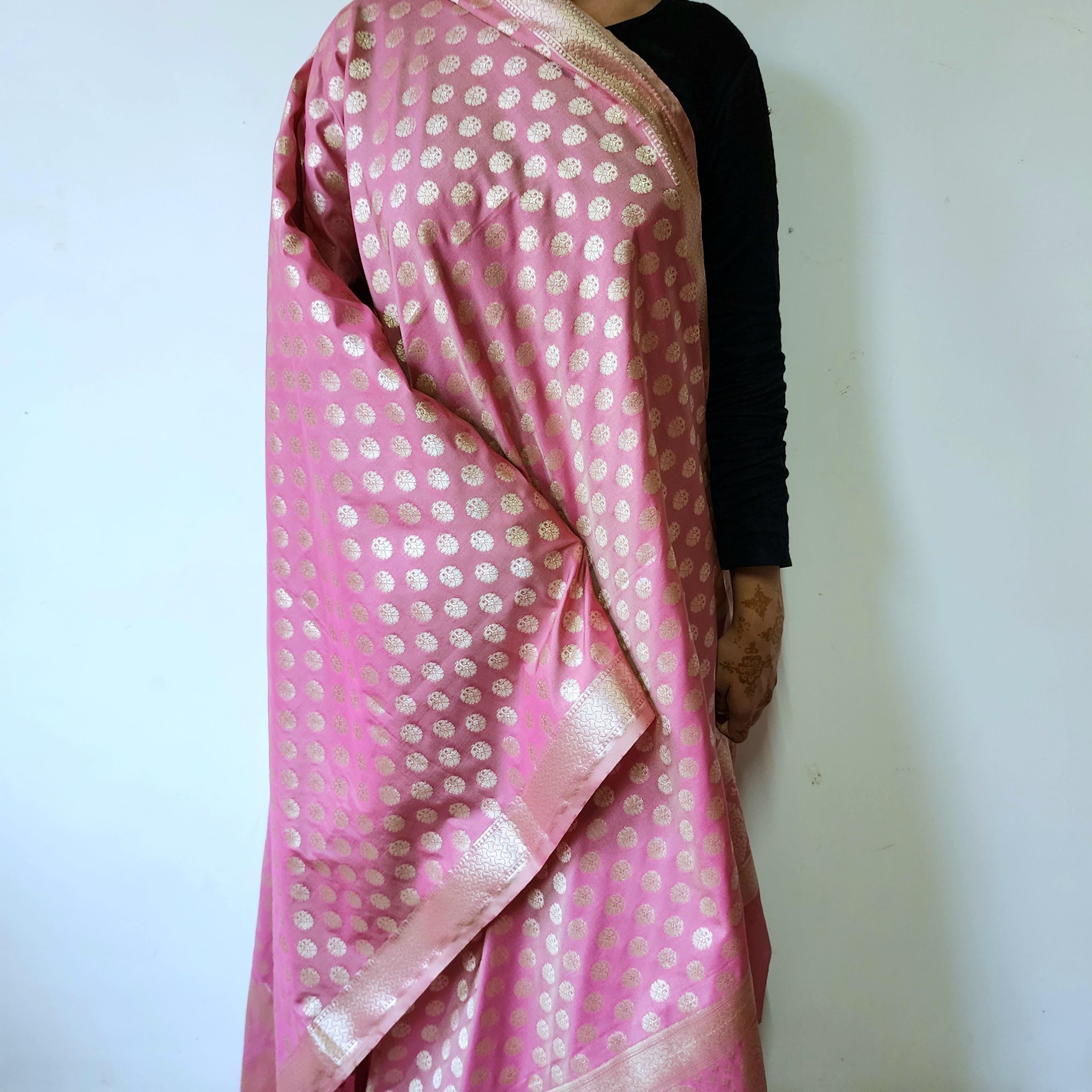 Rose Pink Banarasi Dupatta  Golden Butti Weave, Sweet Pastel Perfection