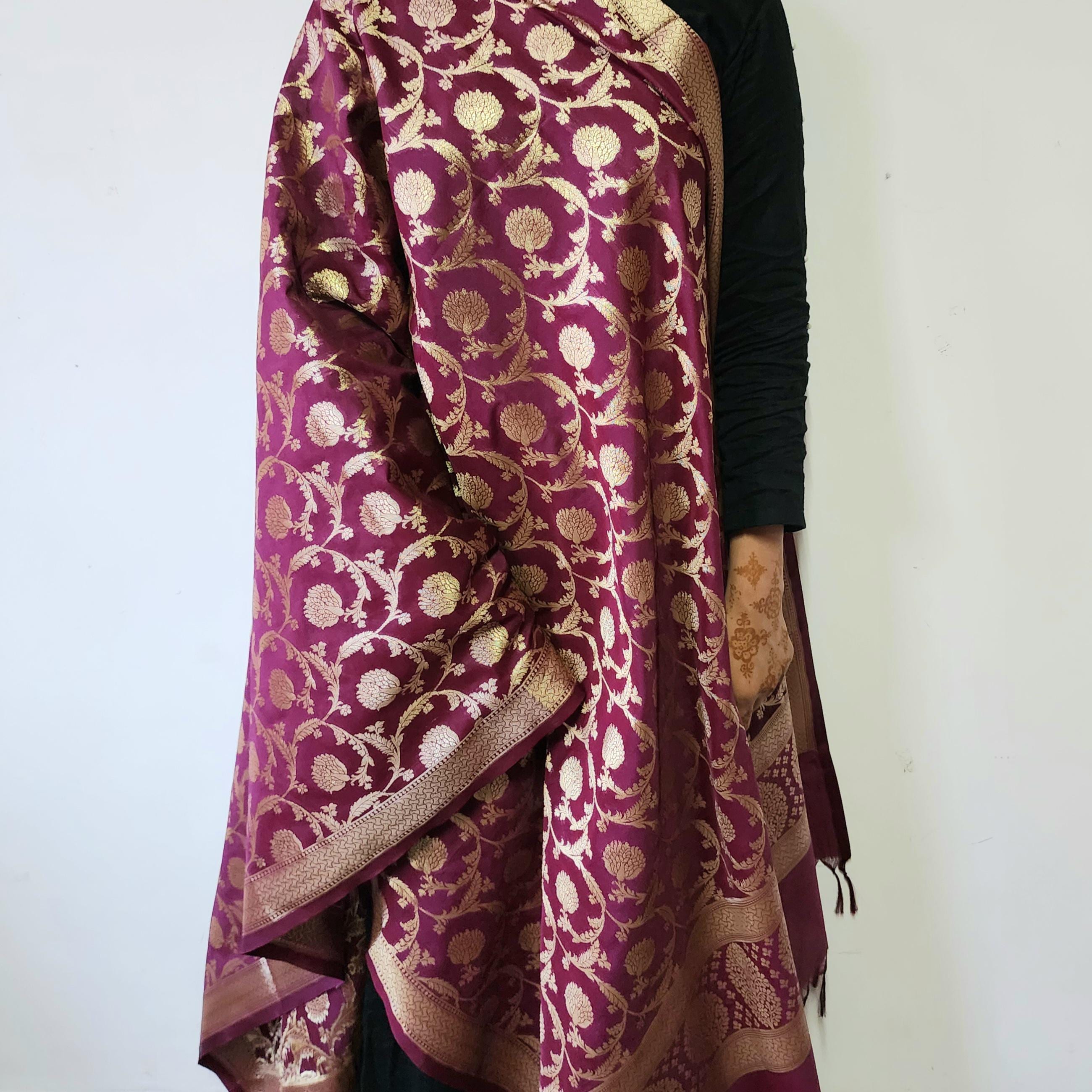 Royal Wine Banarasi Dupatta  Zari Blossom Motifs, Purple Evening Look