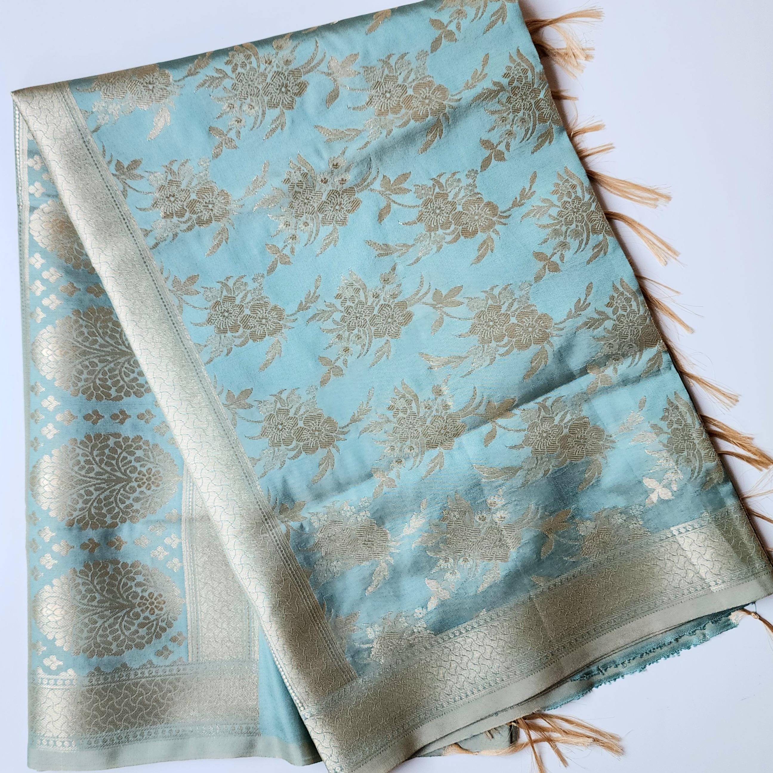 Powder Blue Banarasi Dupatta  Handwoven Golden Florals, Dreamy Ethnic Look