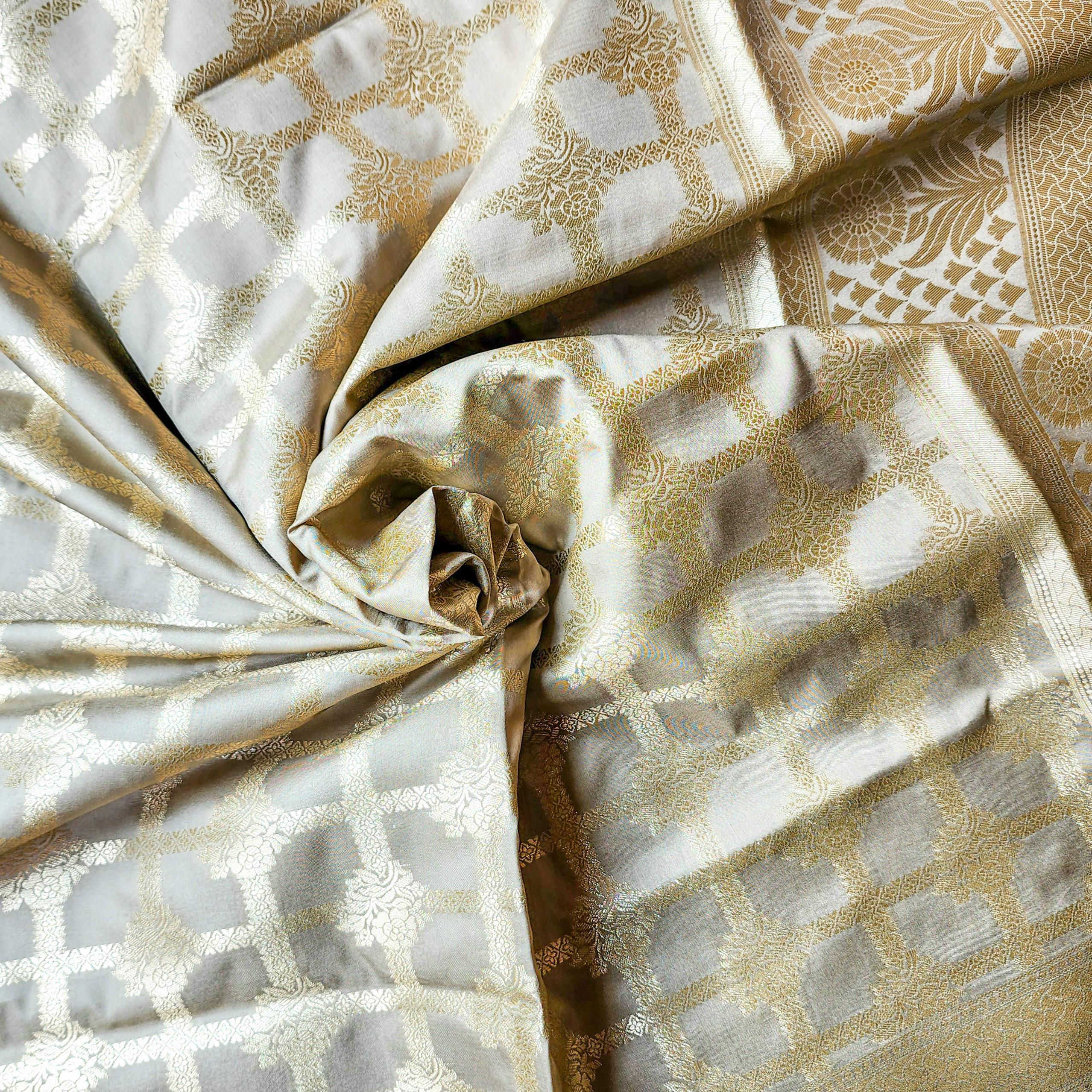Taupe Grey Banarasi Dupatta  Golden Geometric Design, Subtle Sophistication