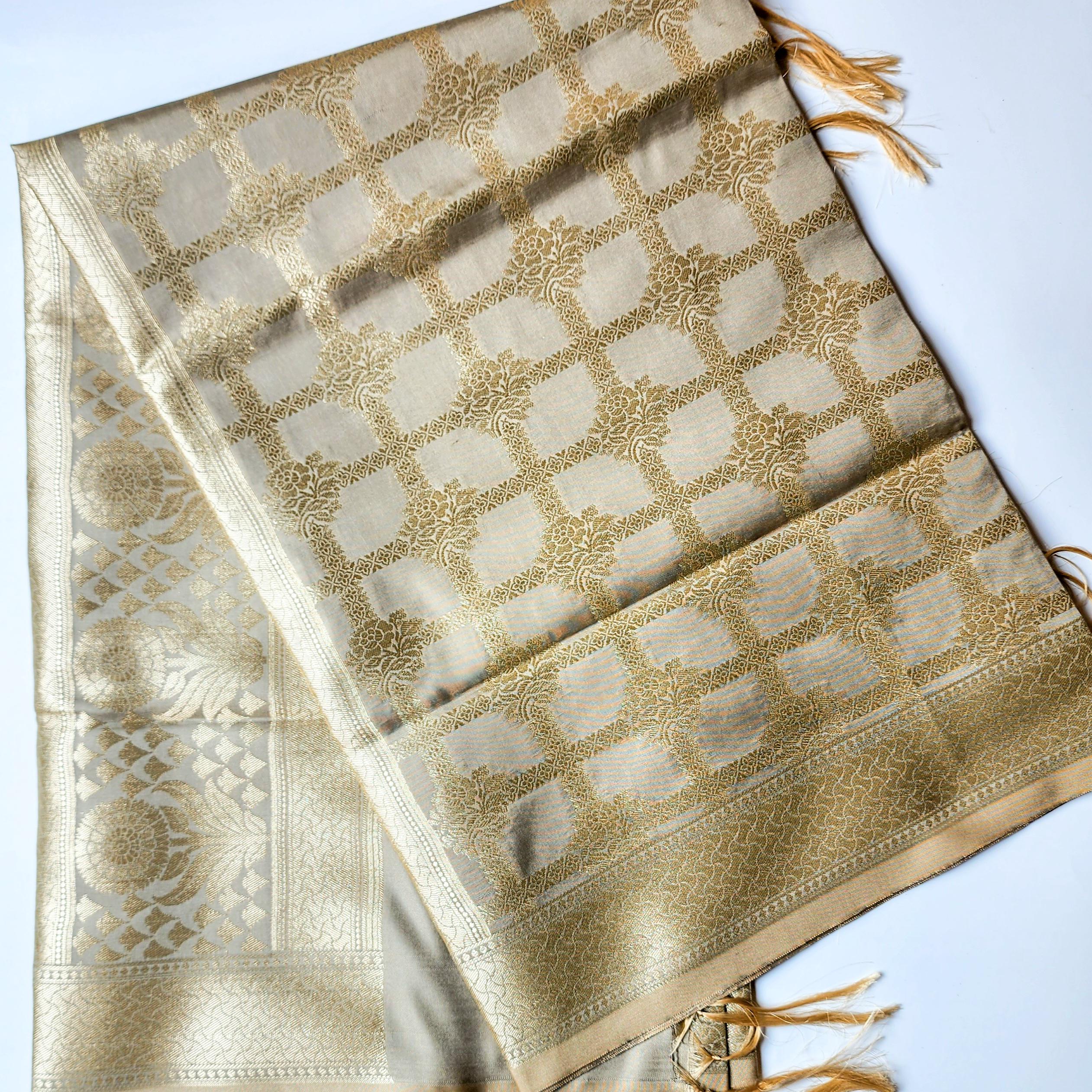 Taupe Grey Banarasi Dupatta  Golden Geometric Design, Subtle Sophistication