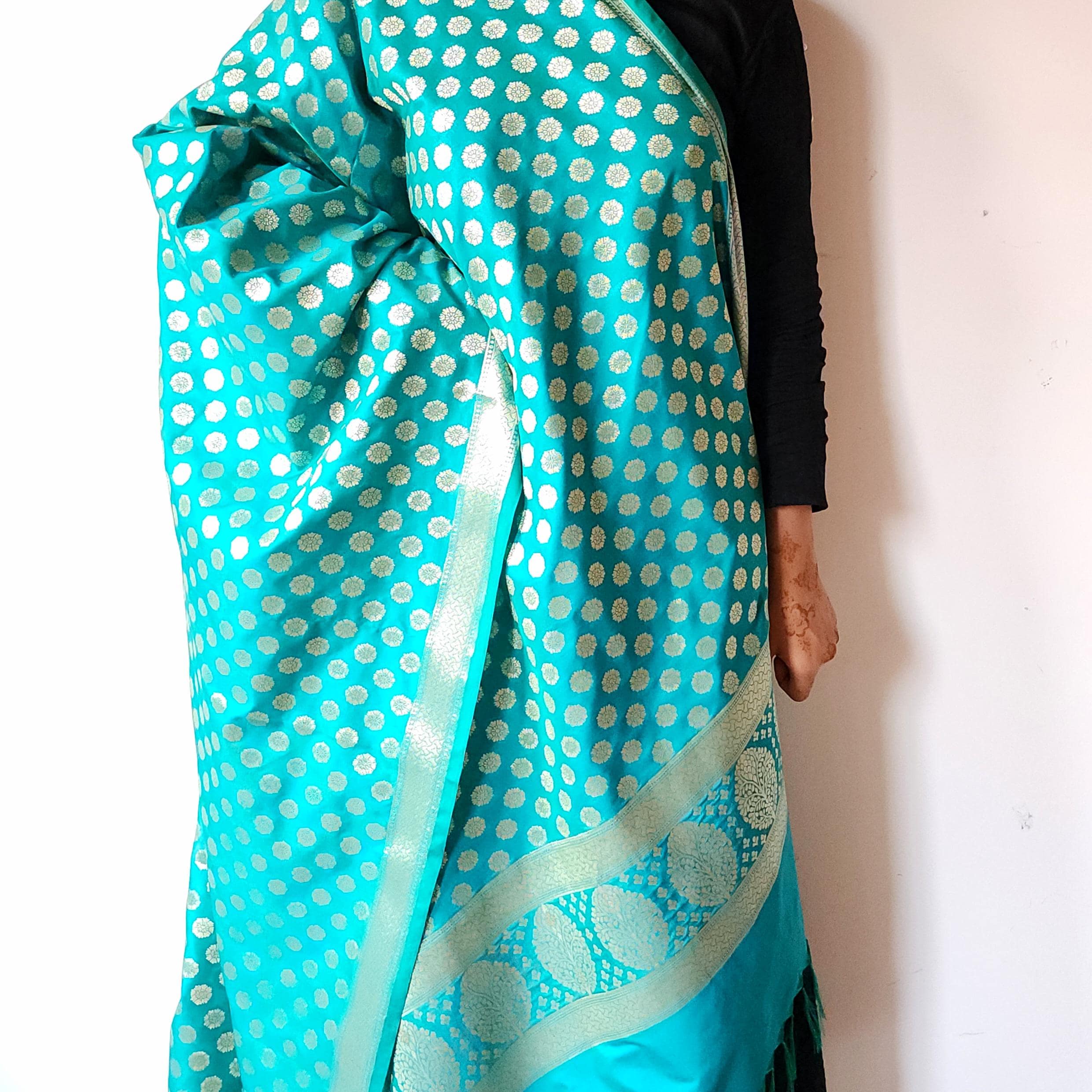 Turquoise Blue Banarasi Dupatta  Golden Butti Work, Bright & Refreshing