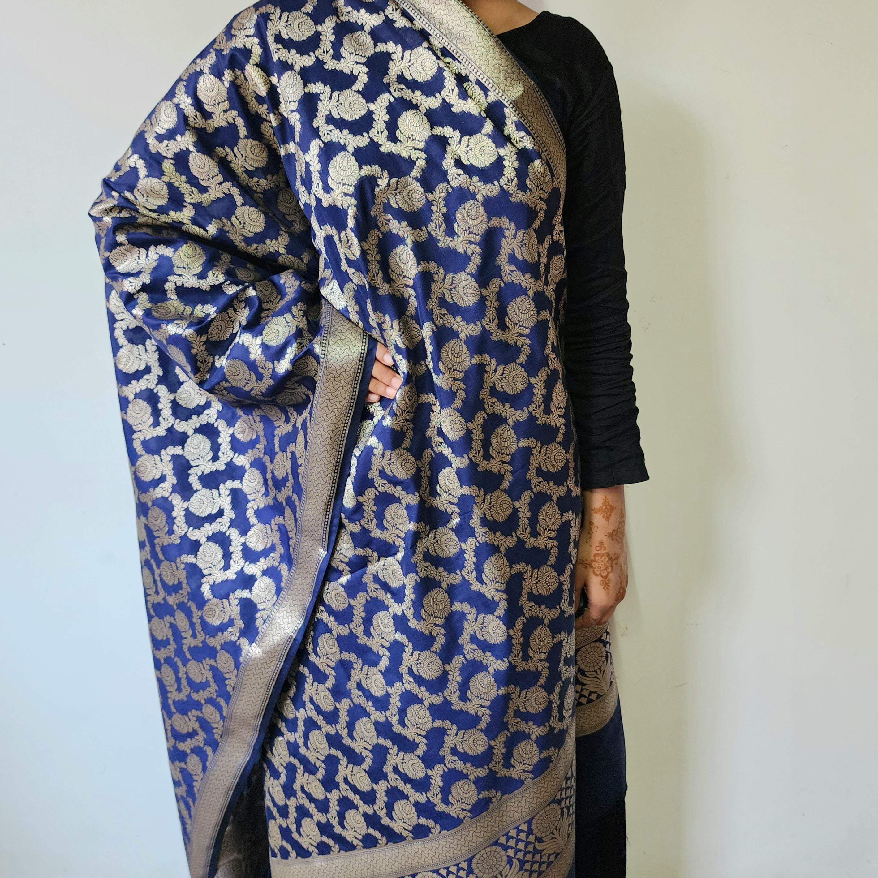 Navy Blue Banarasi Dupatta  Golden Floral Zari, Royal Heritage Look
