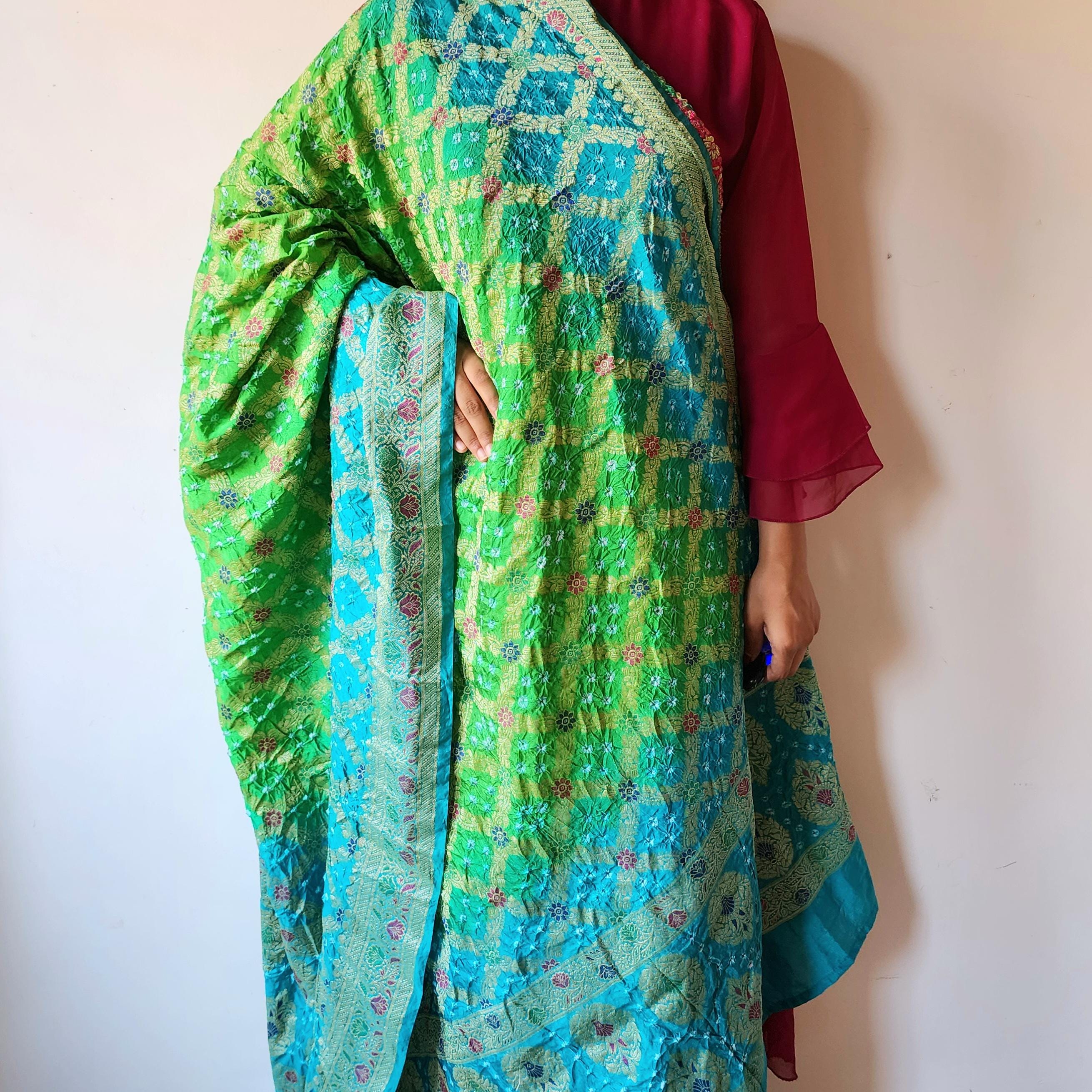 Aqua Blue And Green Bandhni Dupatta with Golden Border & Banarasi Meenakari Work