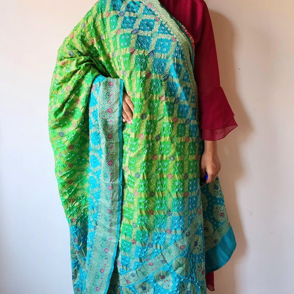 Aqua Blue And Green Bandhni Dupatta with Golden Border & Banarasi Meenakari Work
