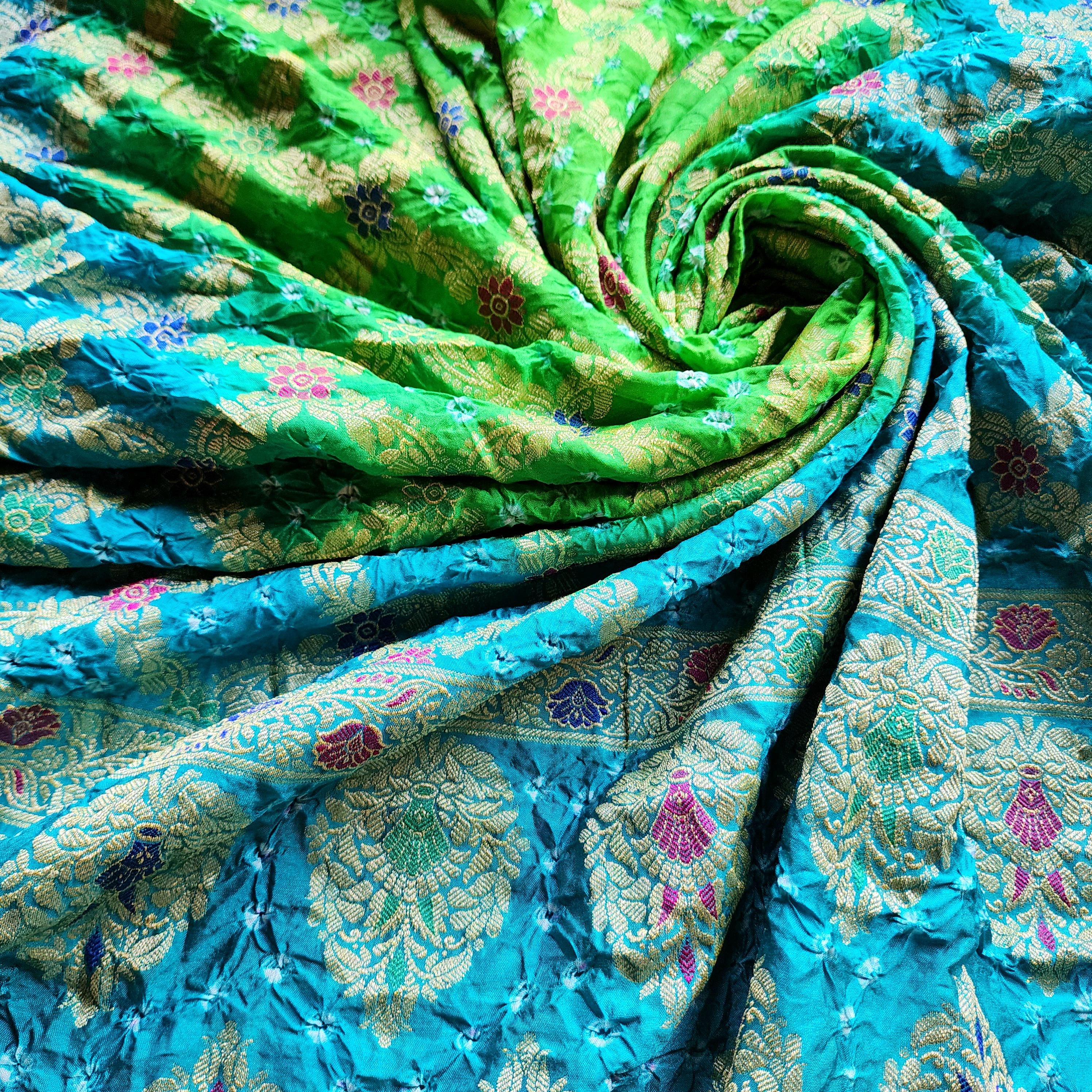 Aqua Blue And Green Bandhni Dupatta with Golden Border & Banarasi Meenakari Work