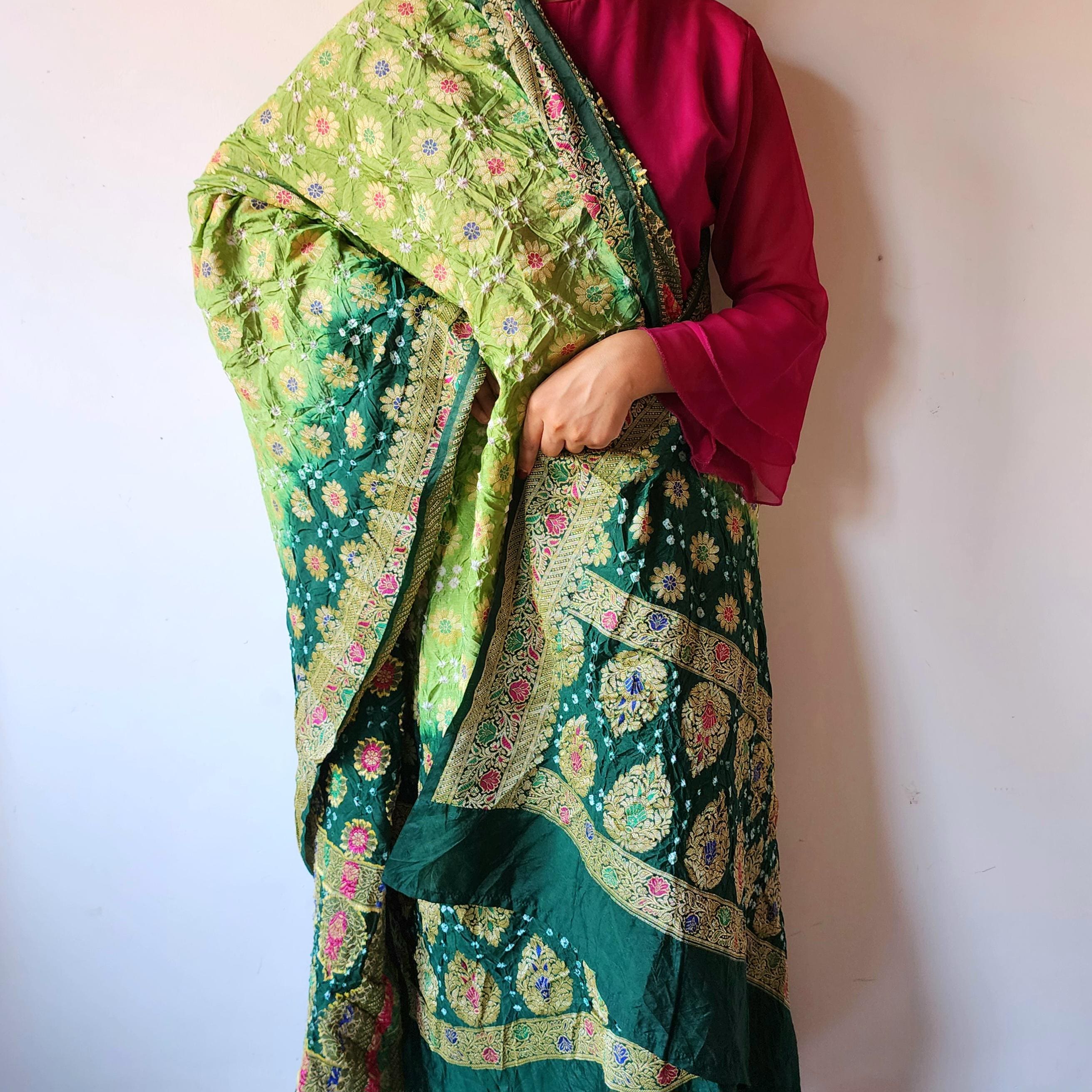 Dual-Tone Green Bandhni Dupatta with Golden Border & Banarasi Meenakari Work