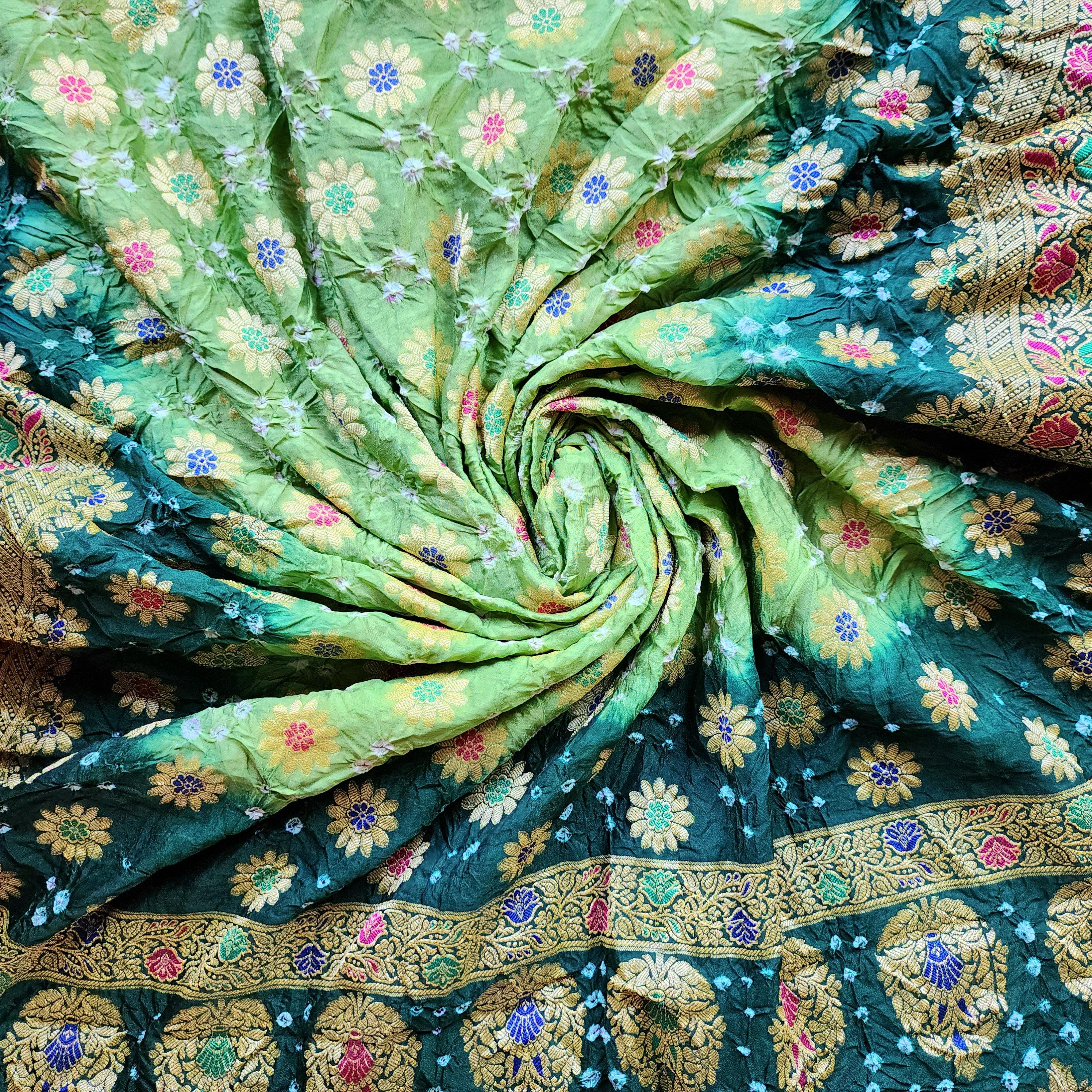 Dual-Tone Green Bandhni Dupatta with Golden Border & Banarasi Meenakari Work