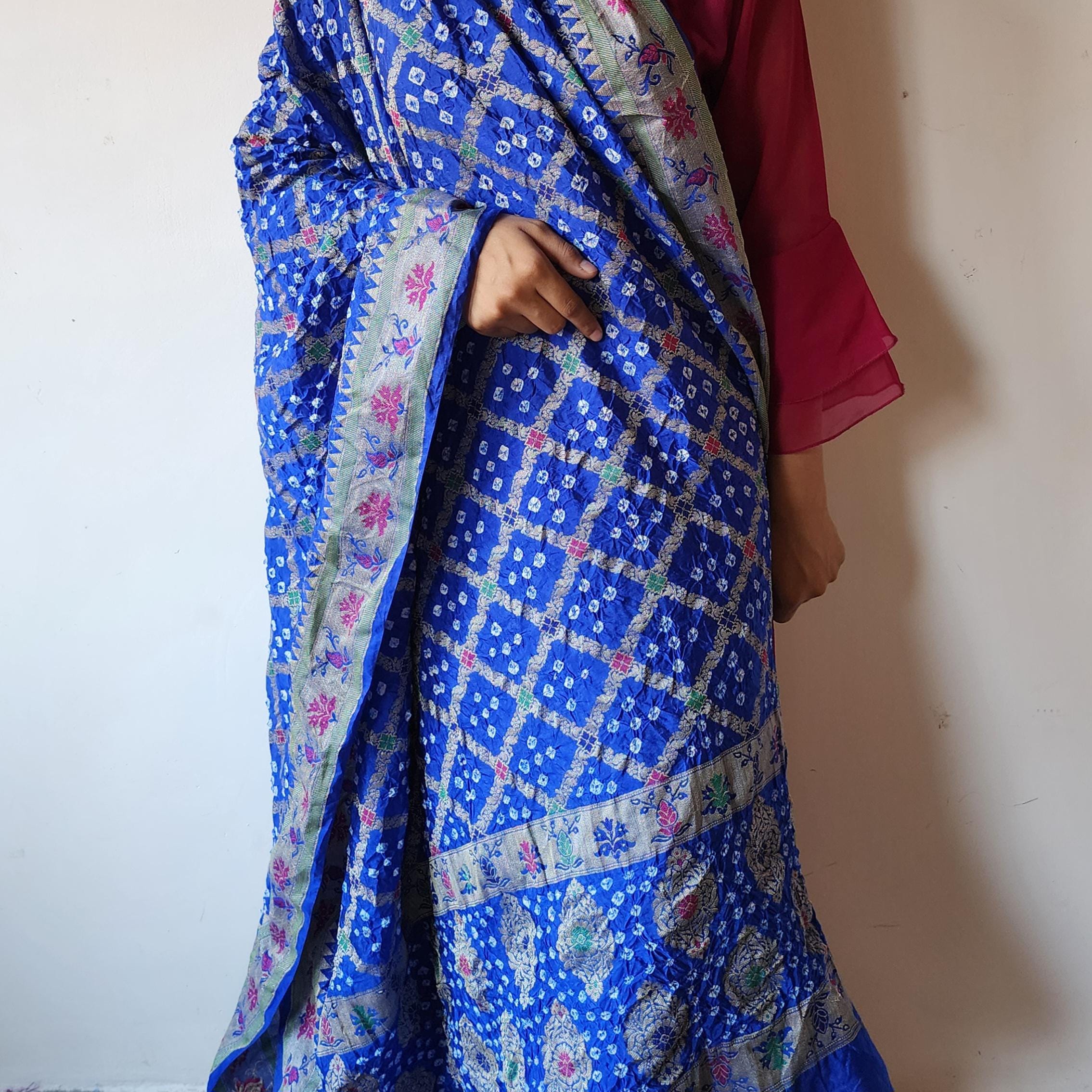 Royal Blue Bandhni Dupatta with Golden Border & Banarasi Meenakari Detailing