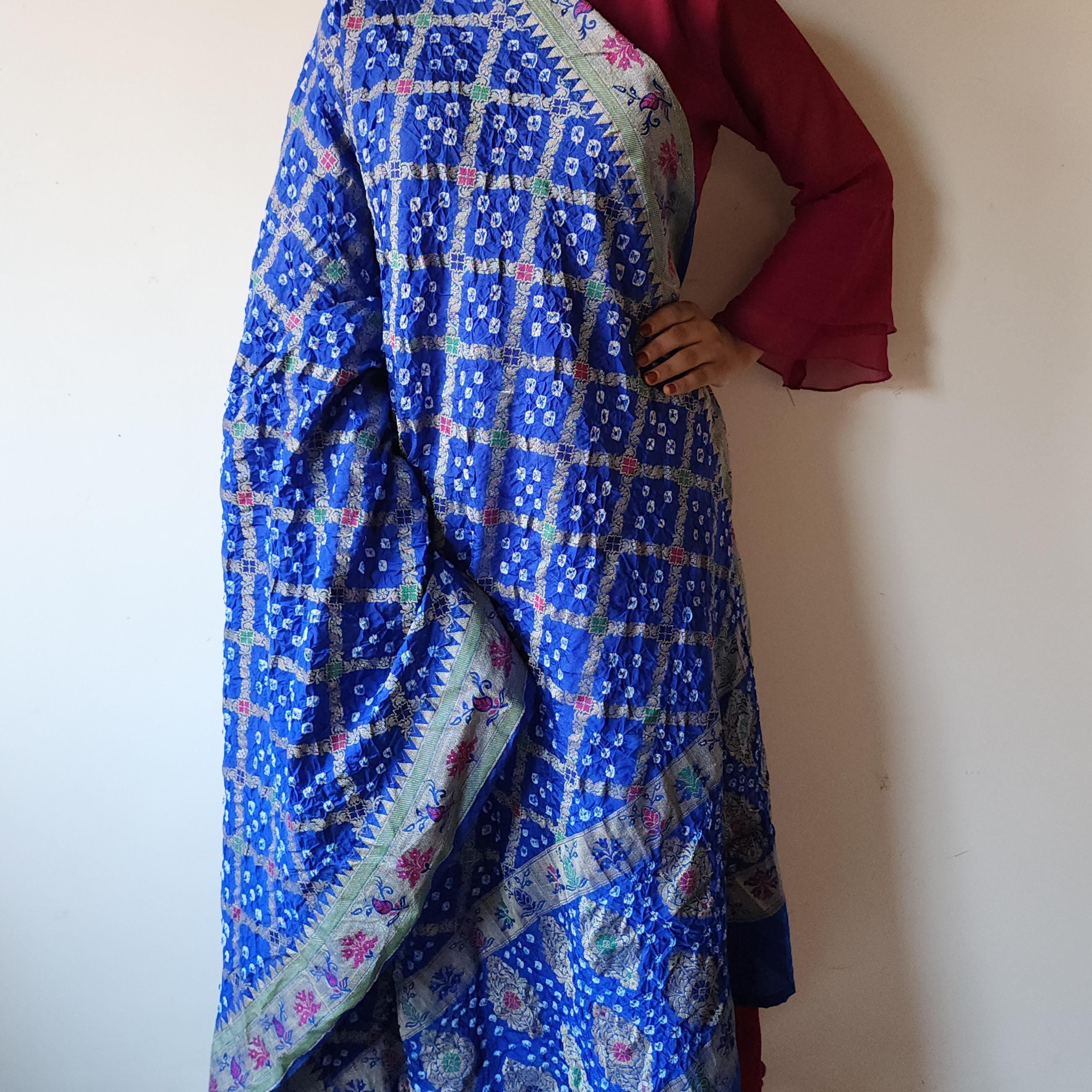 Royal Blue Bandhni Dupatta with Golden Border & Banarasi Meenakari Detailing