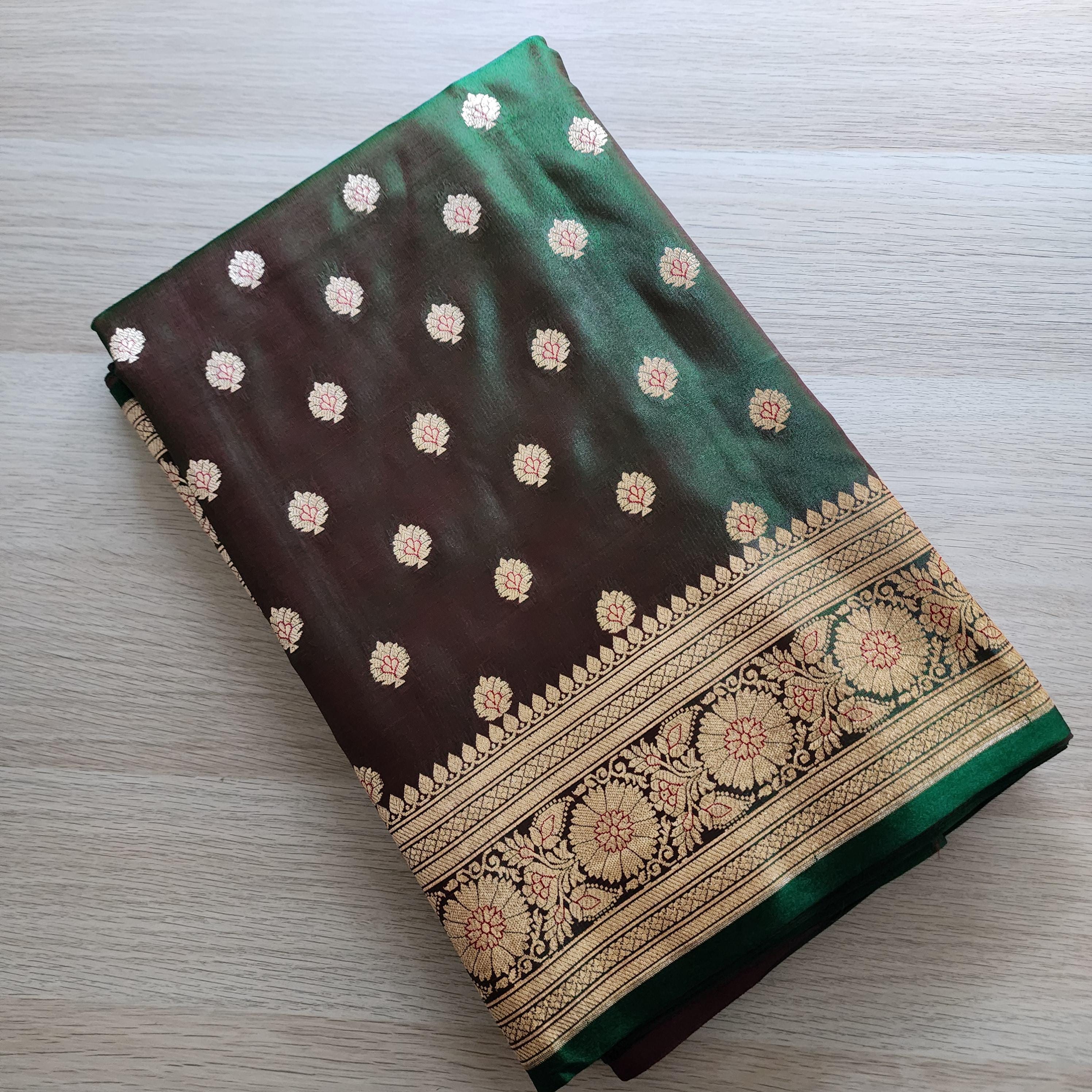 Rich Brown-Green Banarasi Silk Saree with Golden Zari Weave