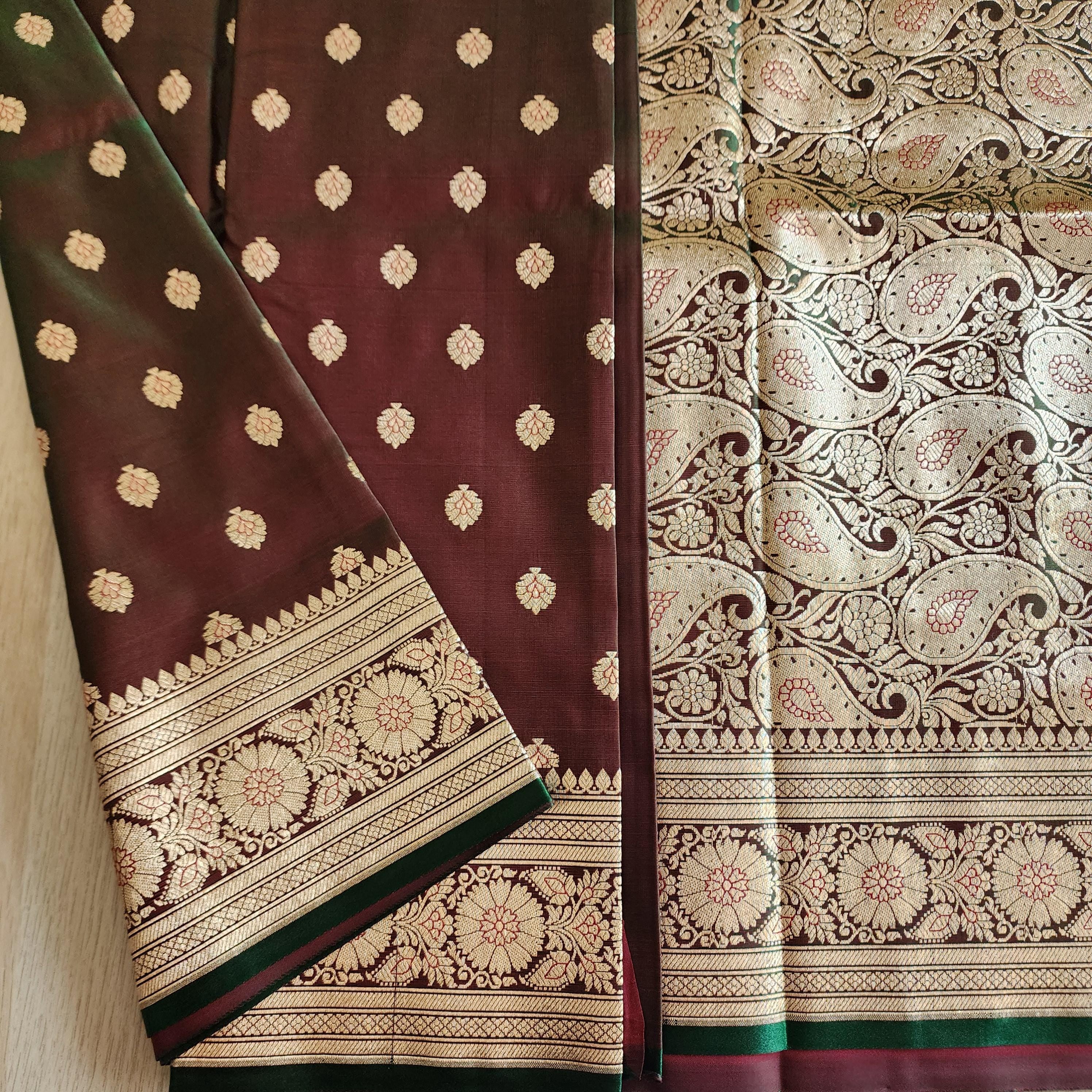 Rich Brown-Green Banarasi Silk Saree with Golden Zari Weave