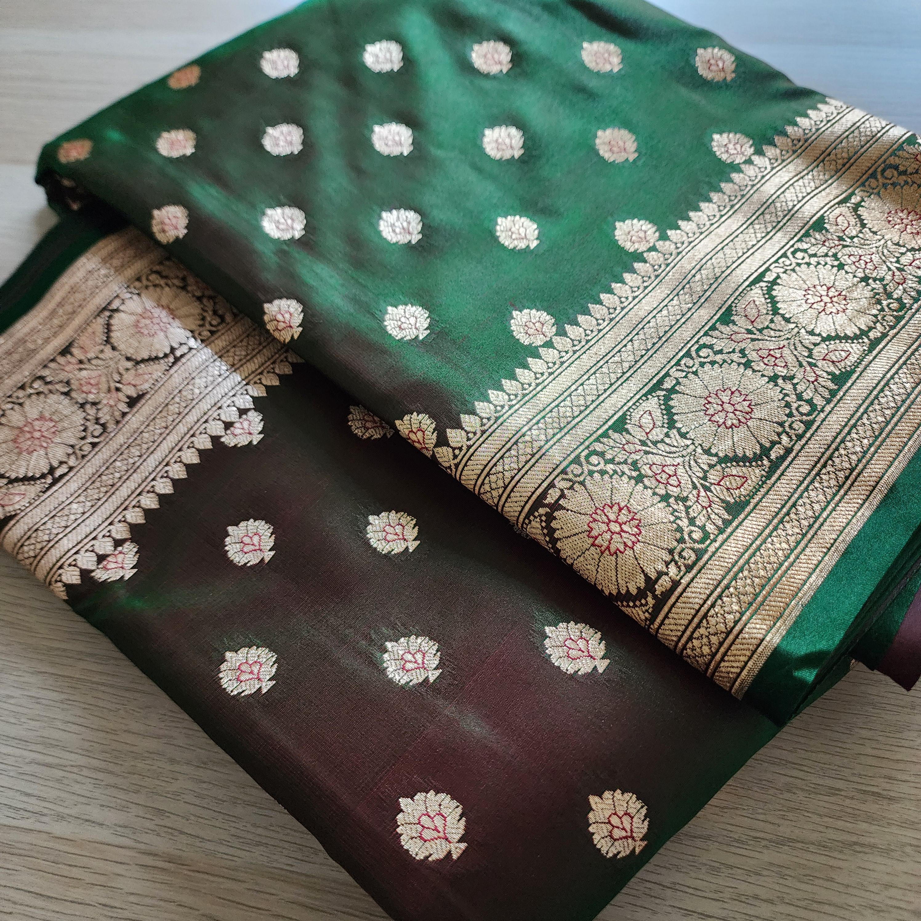 Rich Brown-Green Banarasi Silk Saree with Golden Zari Weave
