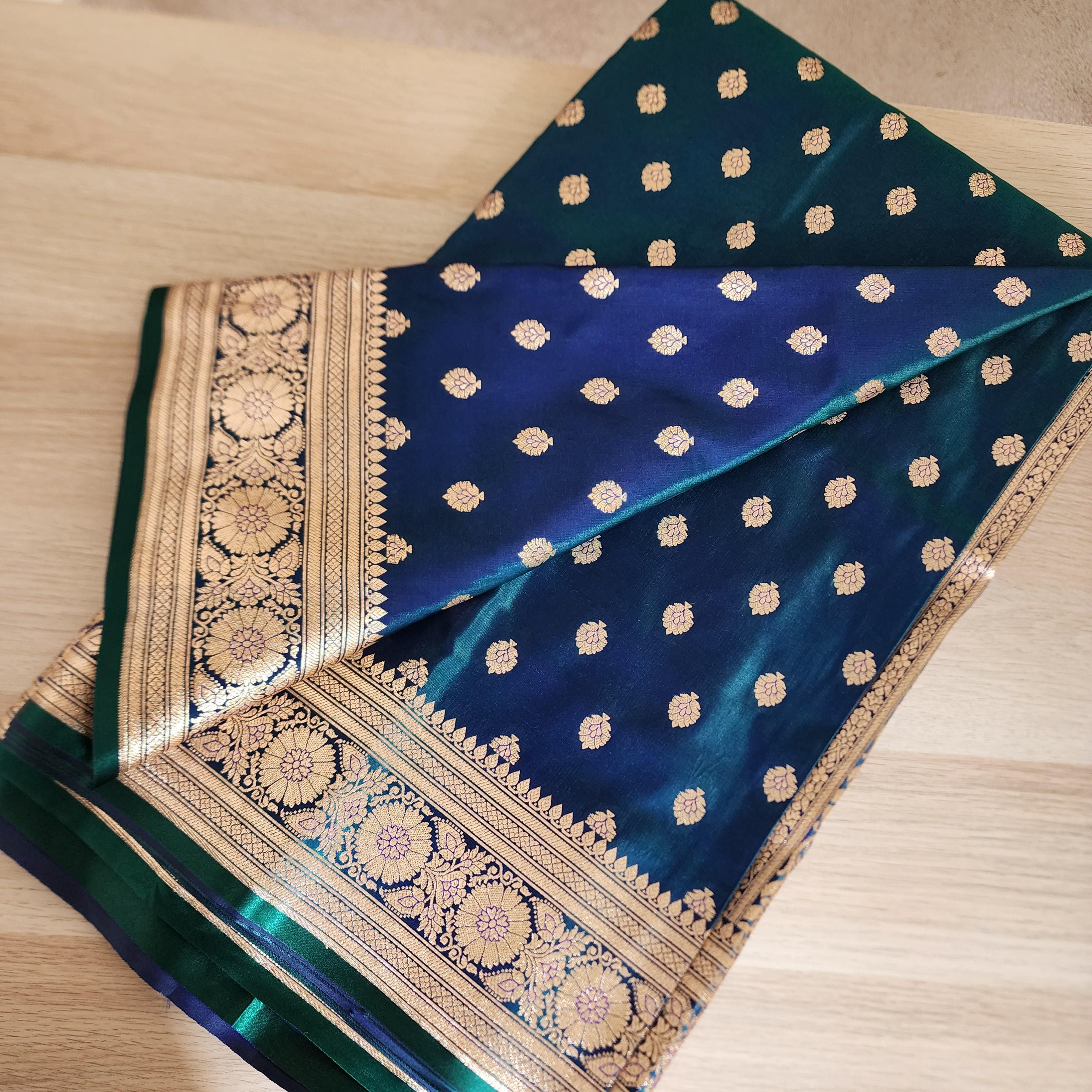 Royal Greenish-Blue Banarasi Silk Saree with Golden Zari Weave