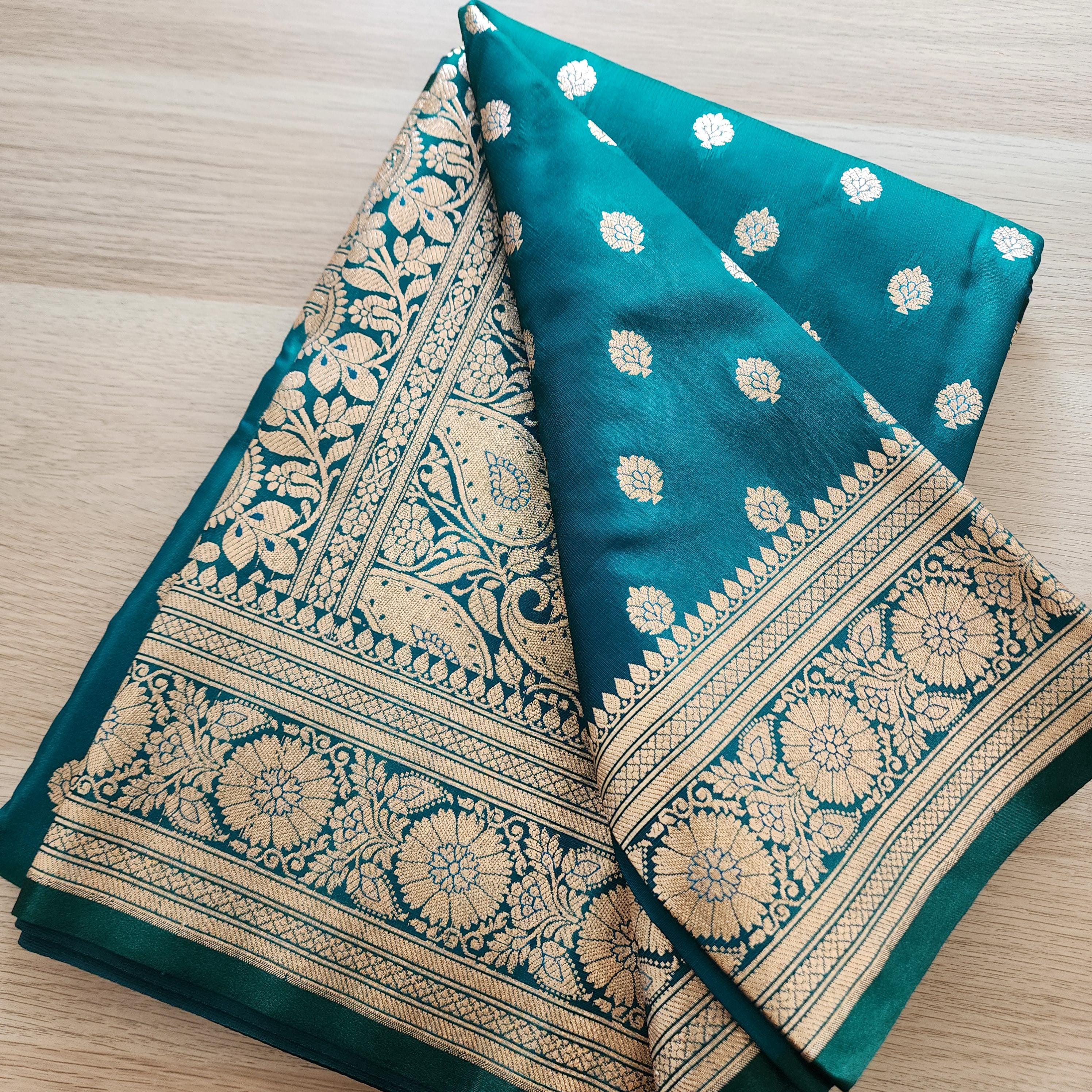 Royal Turquoise Green Banarasi Silk Saree with Golden Zari Weave