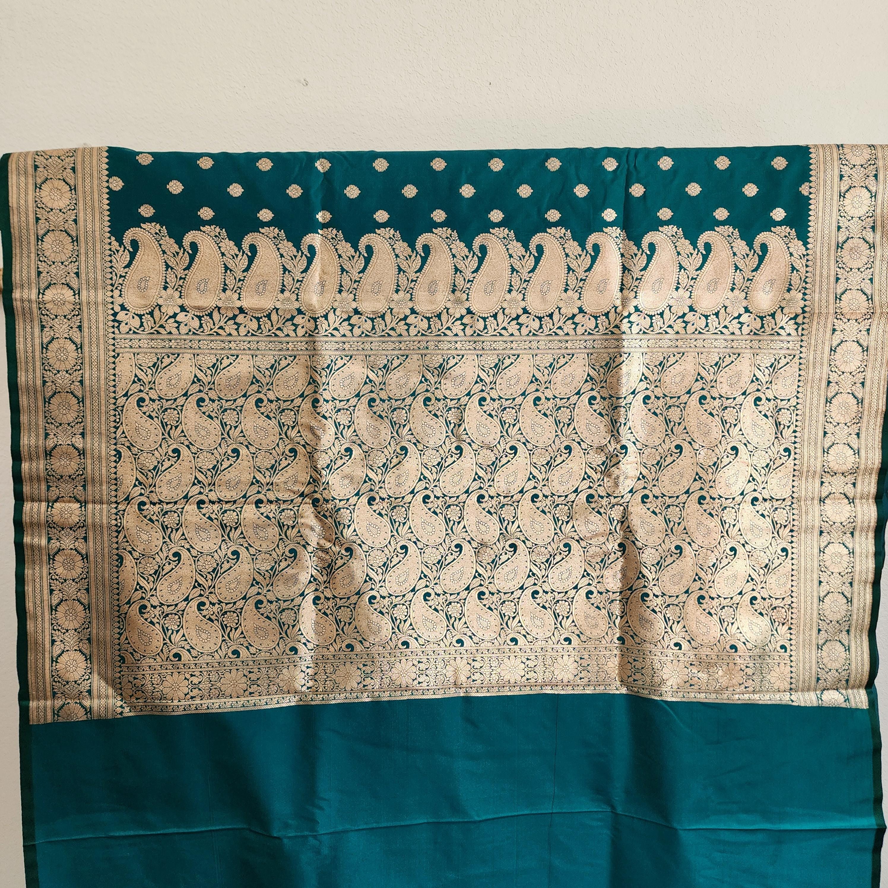 Royal Turquoise Green Banarasi Silk Saree with Golden Zari Weave