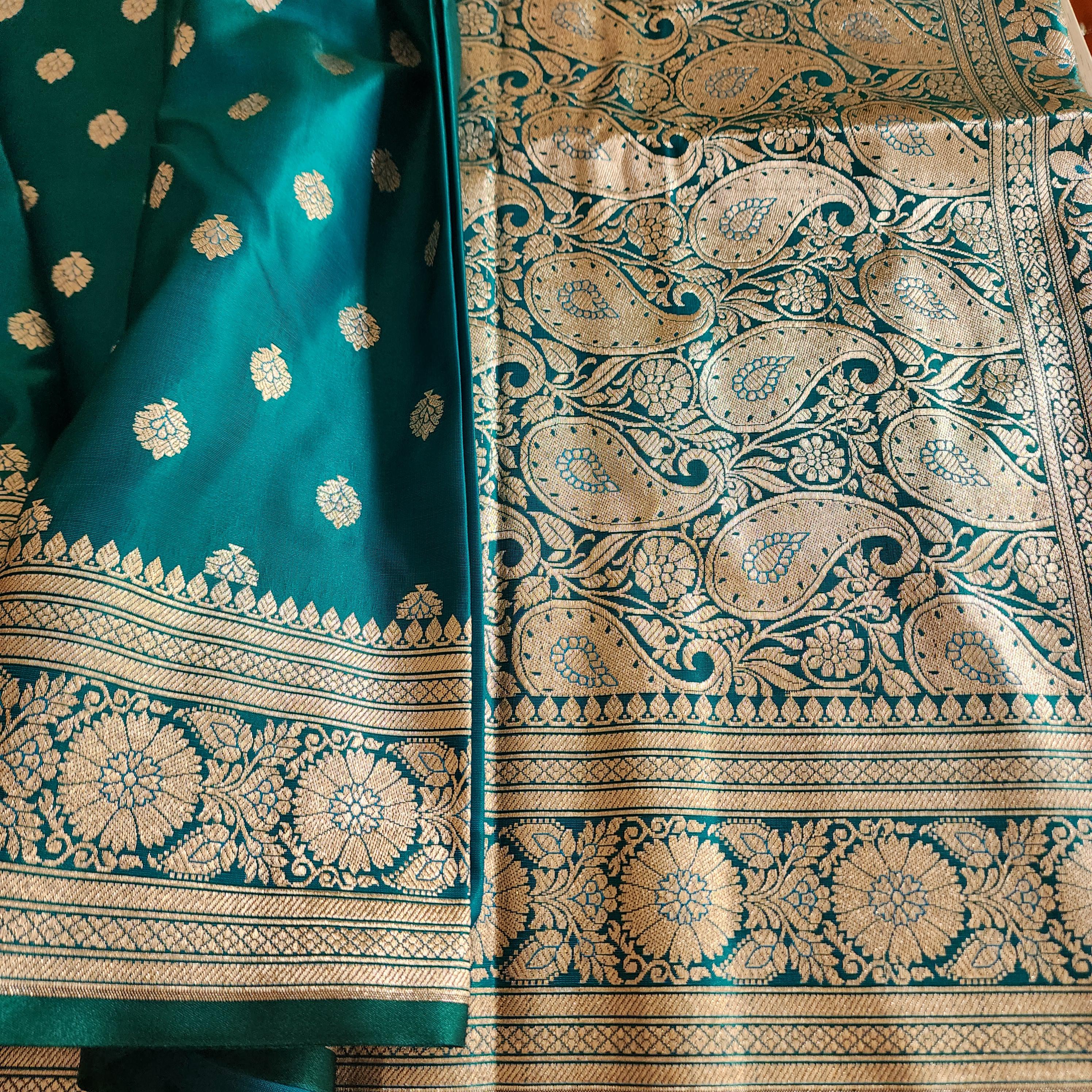 Royal Turquoise Green Banarasi Silk Saree with Golden Zari Weave