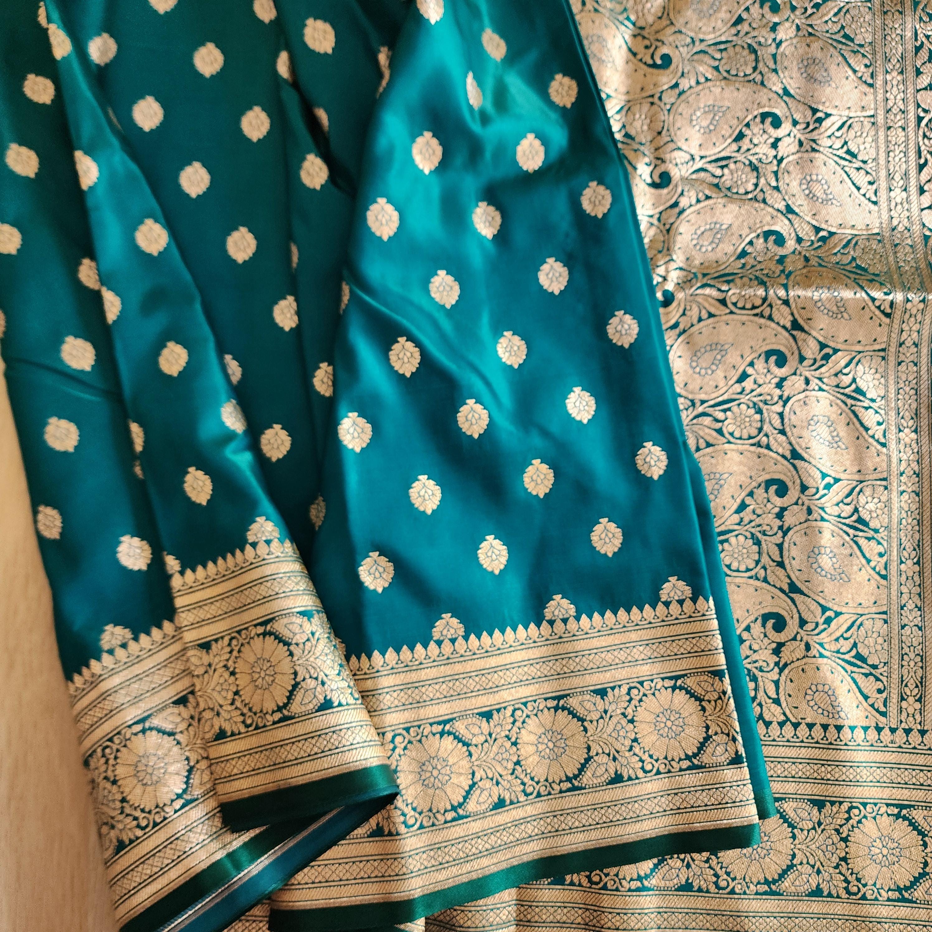 Royal Turquoise Green Banarasi Silk Saree with Golden Zari Weave