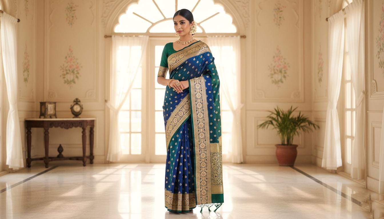 Royal Greenish-Blue Banarasi Silk Saree with Golden Zari Weave