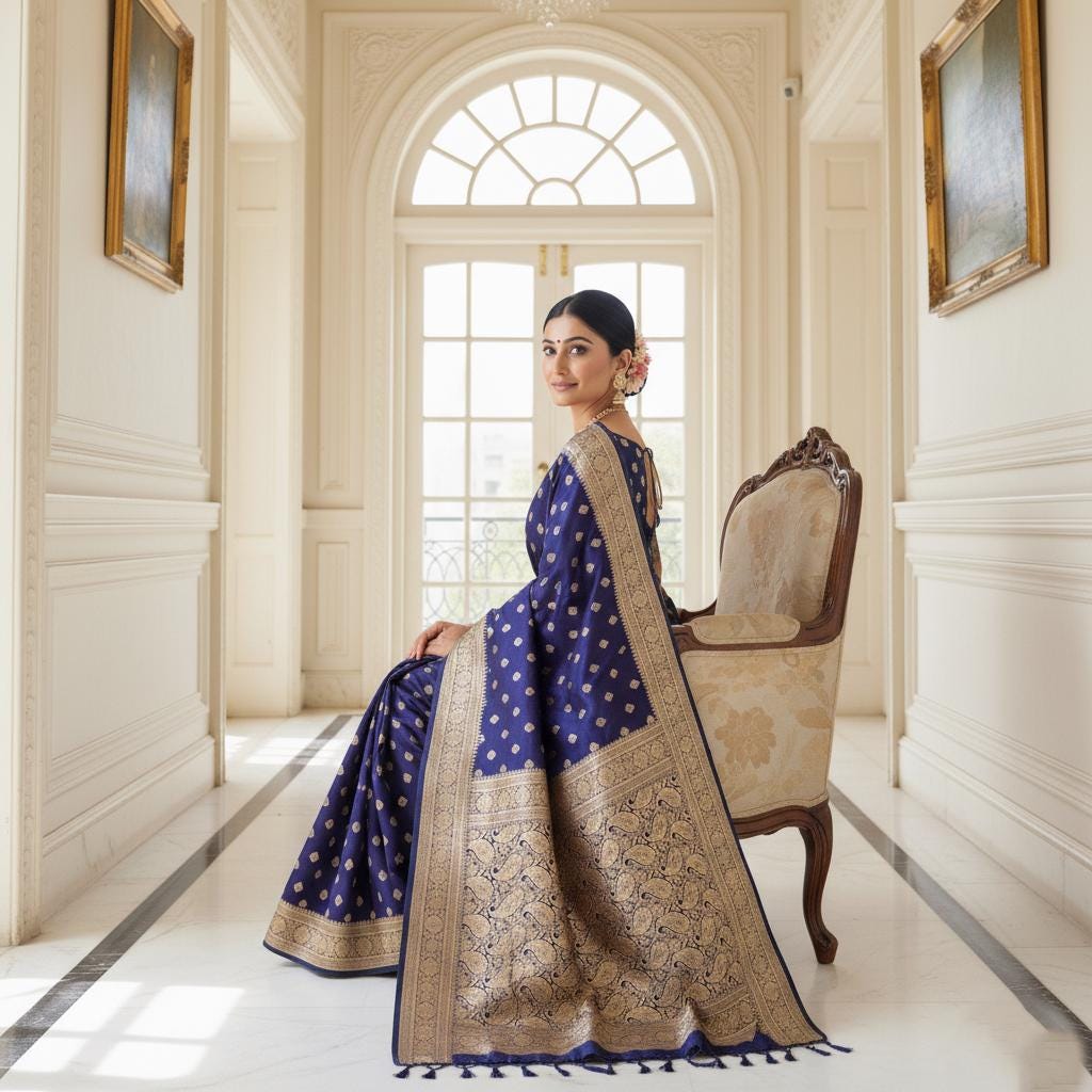 Royal Purple Blue Banarasi Silk Saree with Golden Zari Weave