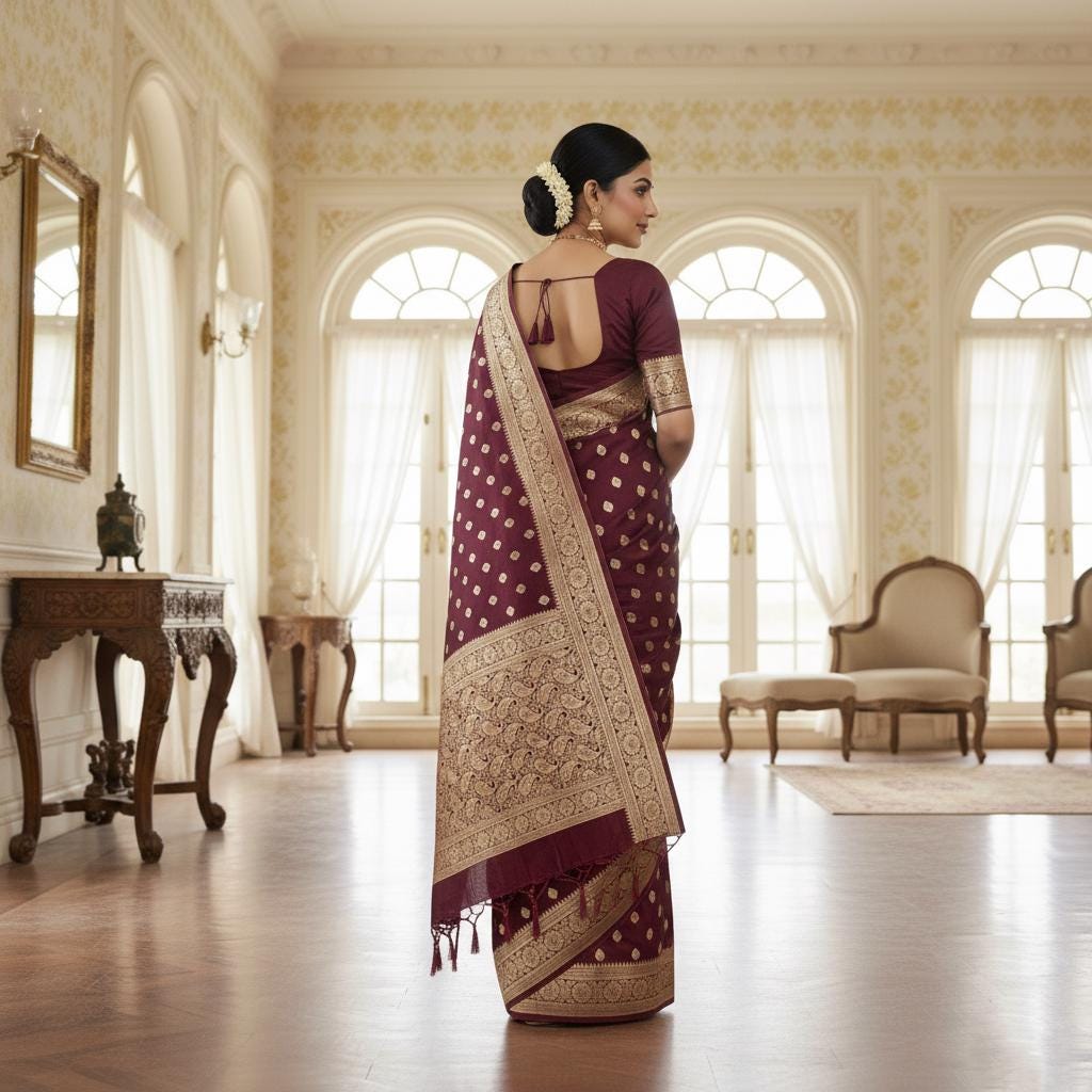 Royal Wine Maroon Banarasi Silk Saree with Golden Zari Weave