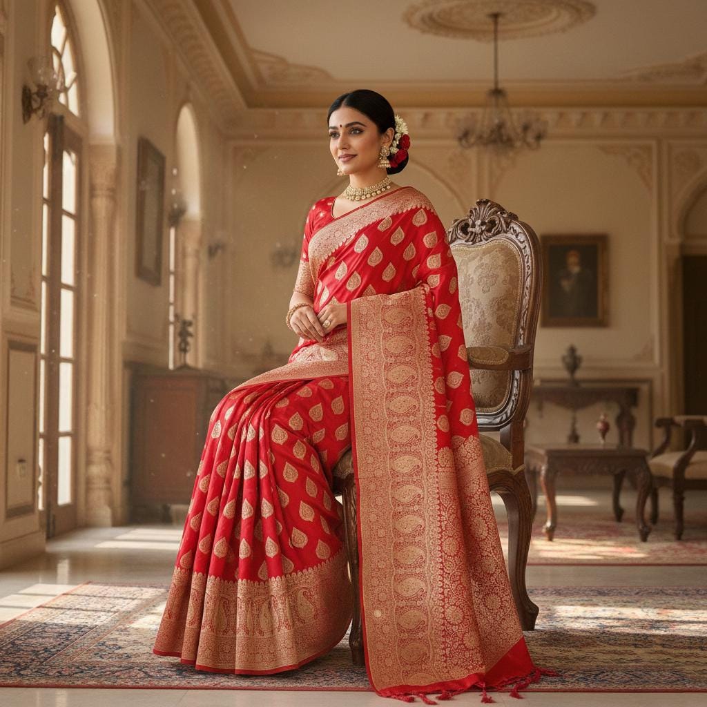 Coral Red, Pure Banarasi Katan Silk Saree with Rich Zari Weaving