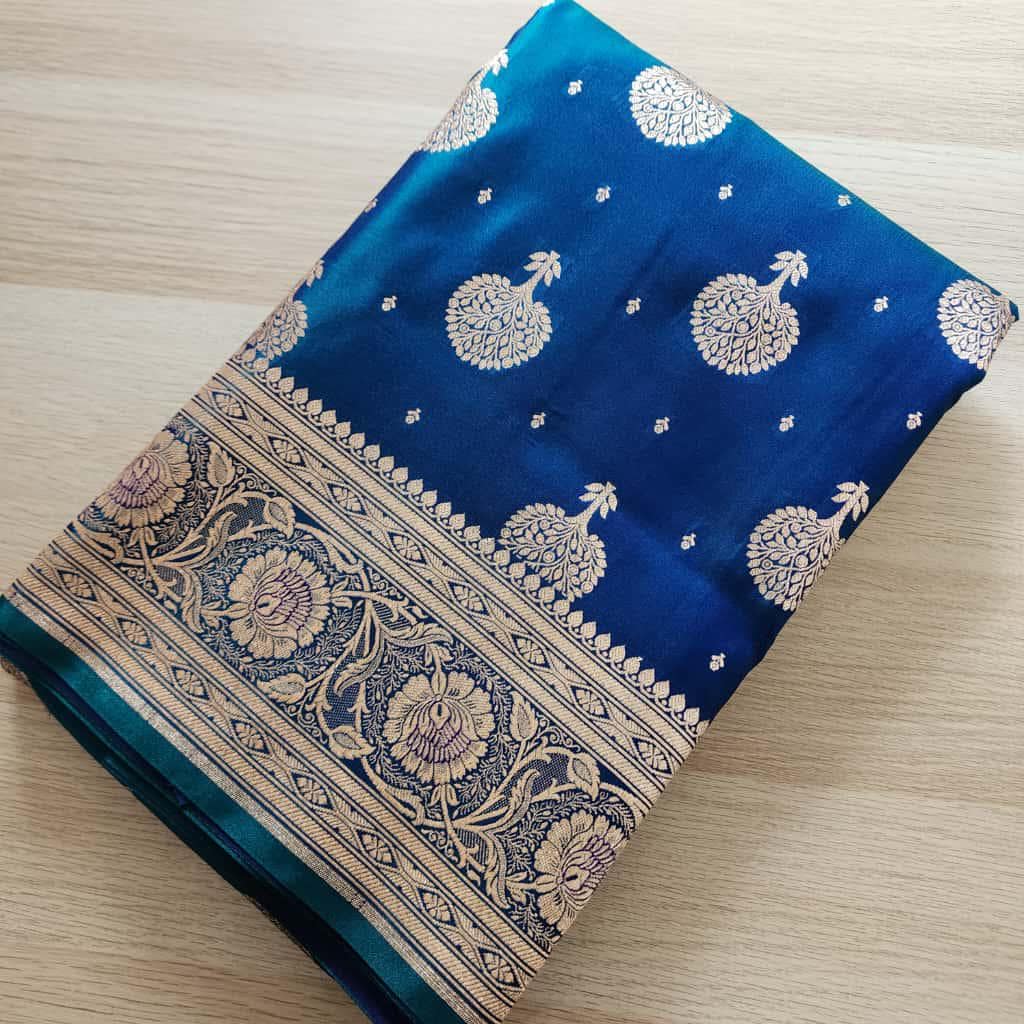 Deep Peacock Blue Pure Banarasi Katan Silk Saree with Rich Zari Weaving
