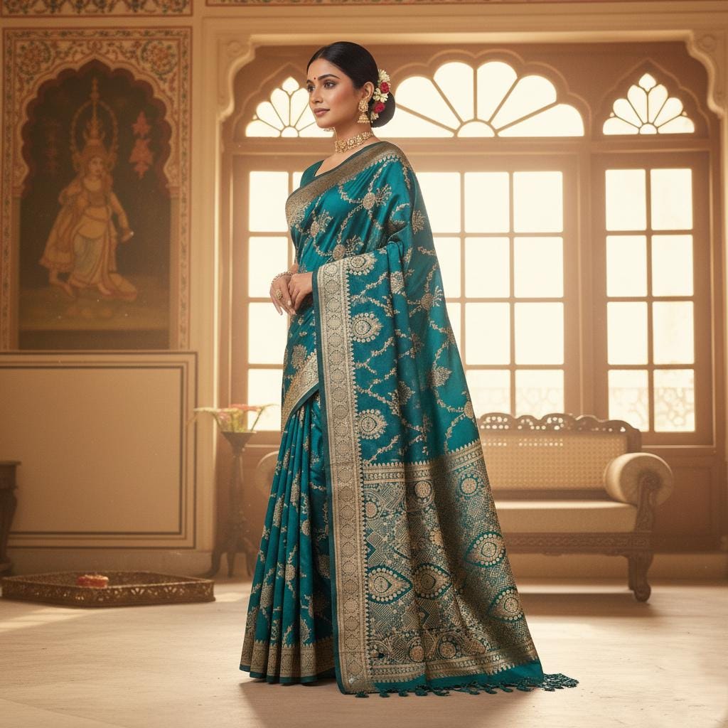 Rich Rama Green, Pure Banarasi Katan Silk Saree with Rich Zari Weaving