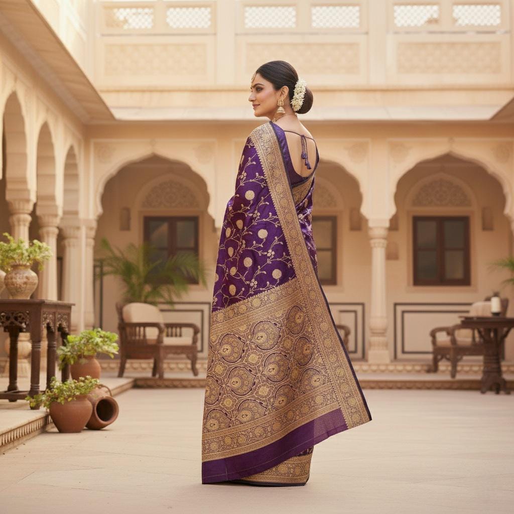 Deep Purple Pure Banarasi Katan Silk Saree with Rich Zari Weaving