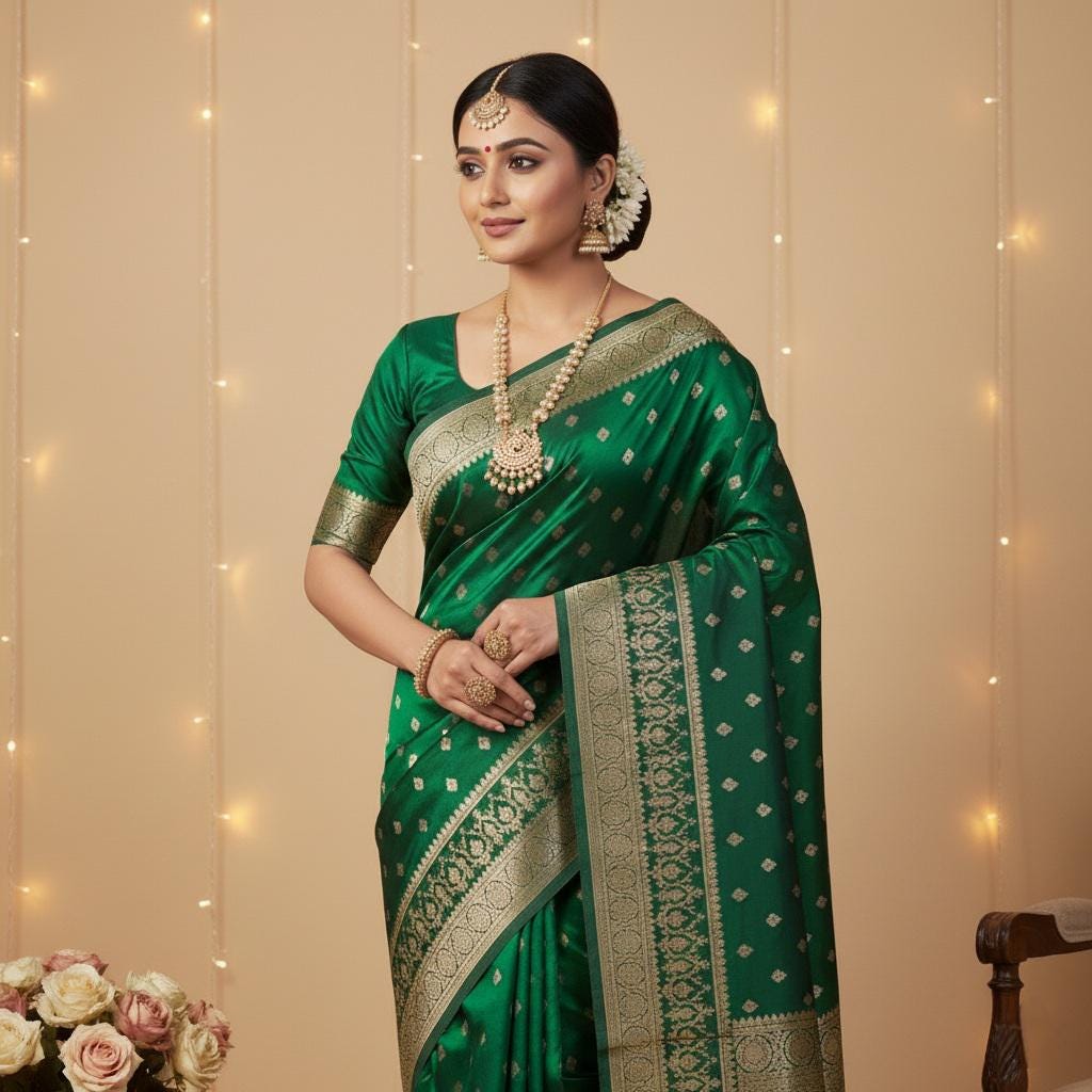 Deep Emerald-Green Pure Banarasi Katan Silk Saree with Rich Zari Weaving