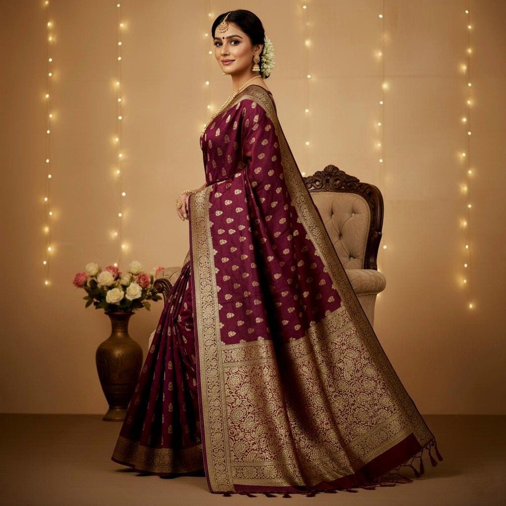 Deep Maroon Pure Banarasi Katan Silk Saree with Rich Zari Weaving