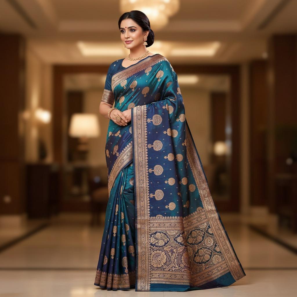 Deep Peacock Blue Pure Banarasi Katan Silk Saree with Rich Zari Weaving