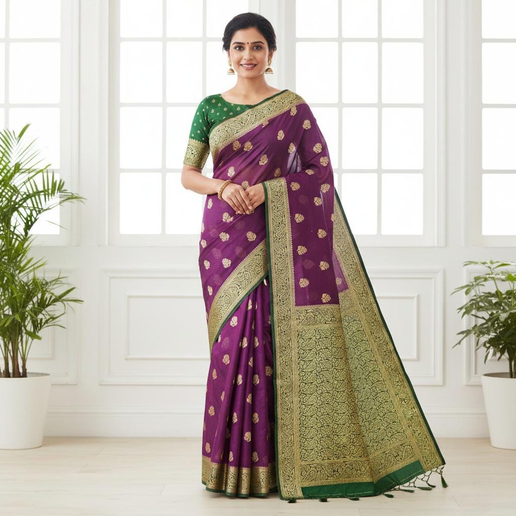 Graceful Purple-Green Dual-Tone Khaddi Georgette Banarasi Saree  Light, Elegant, and Flowy