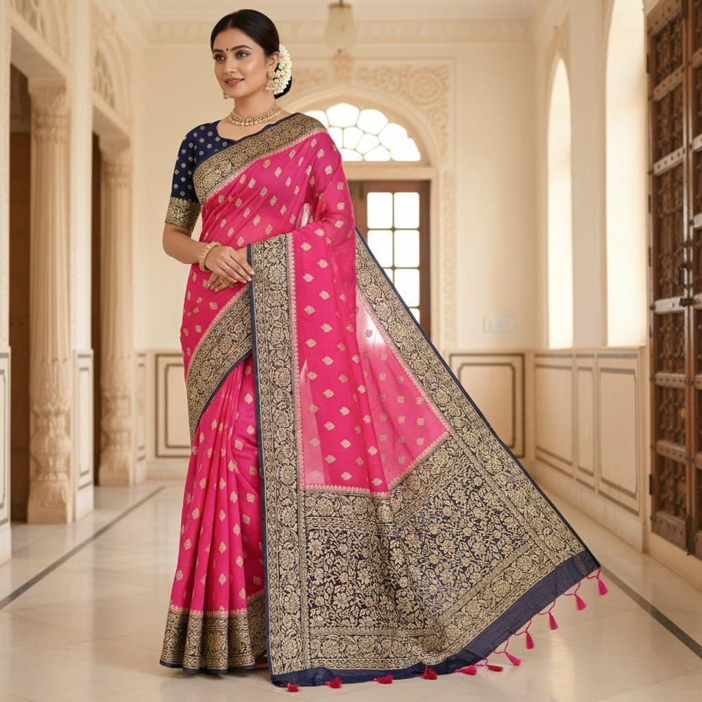 Luxury Pink And Navy Blue Dual-Tone Khaddi Georgette Banarasi Saree  Light, Elegant, and Flowy
