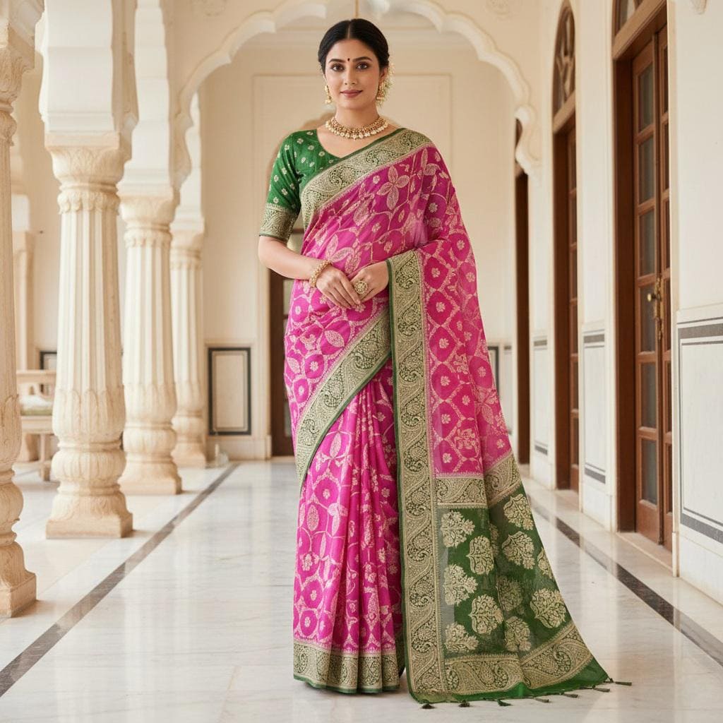 Vibrant Pink Green Dual-Tone Khaddi Georgette Banarasi Saree  Light, Elegant, and Flowy