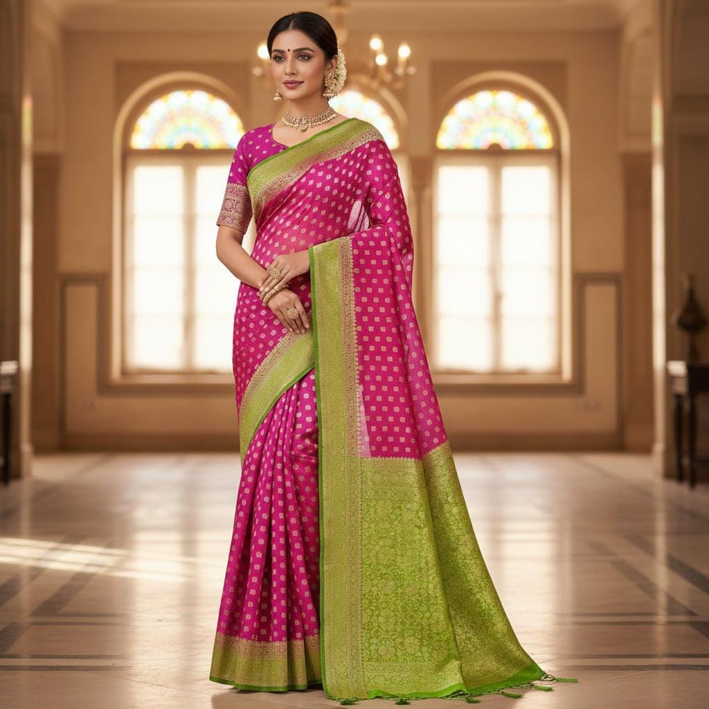 Alluring Pink-Green Khaddi Georgette Banarasi Saree  Light, Elegant, and Flowy