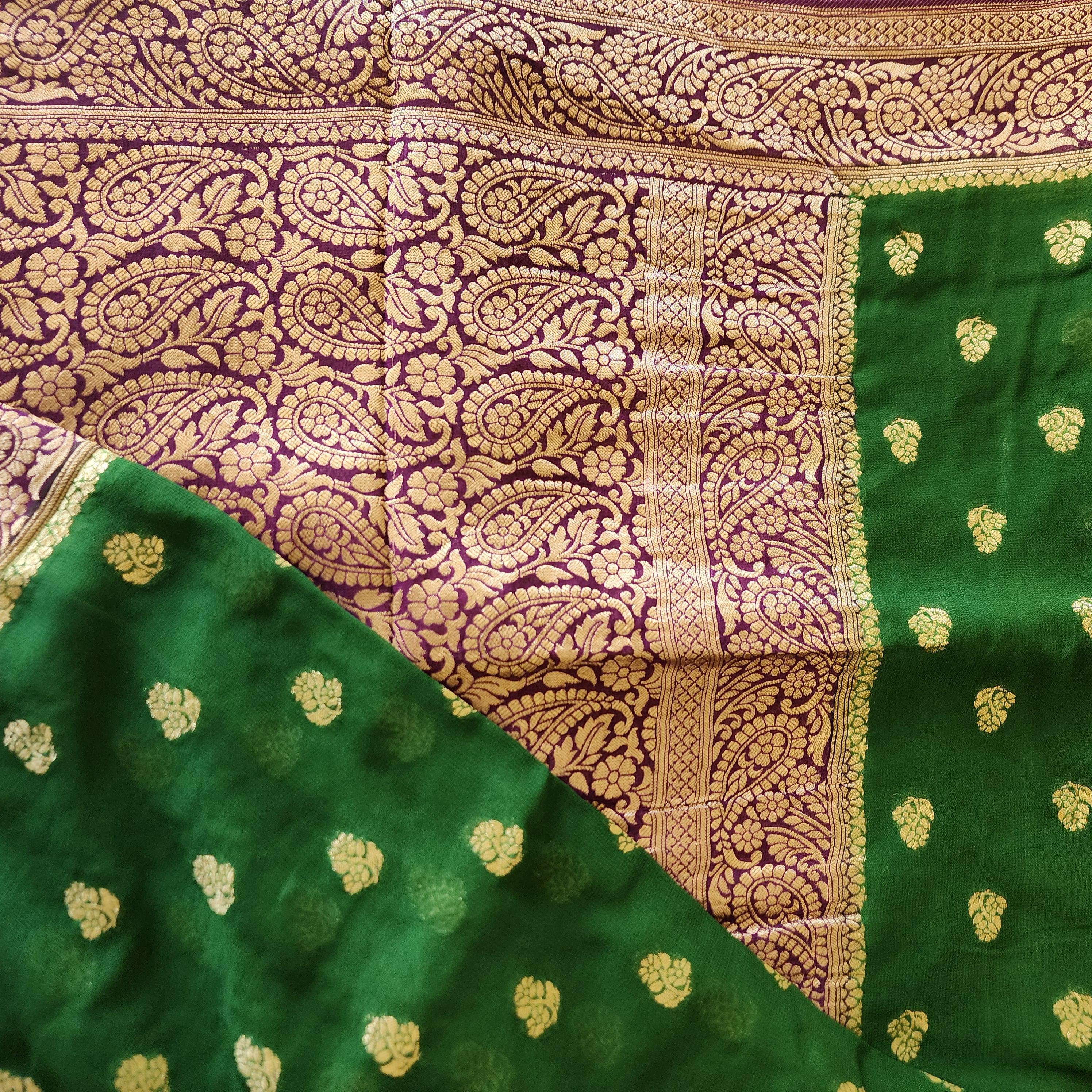 Radiant Dual-Tone Green & Purple Khaddi Georgette Banarasi Saree  Light, Elegant, and Flowy