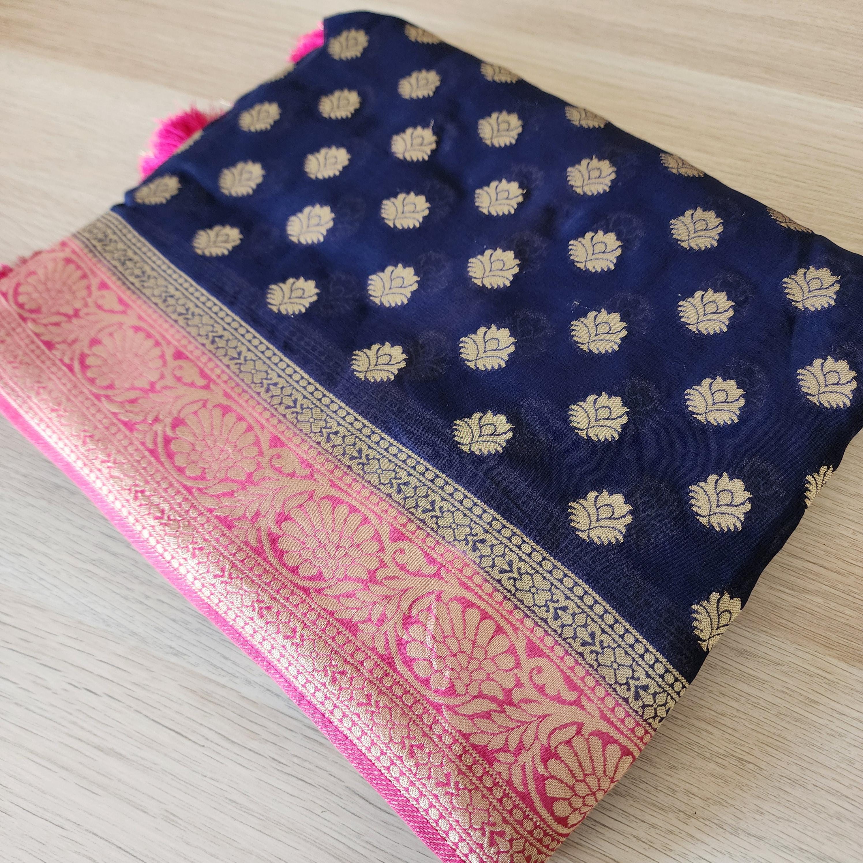 Sophisticated Navy Blue & Pink Khaddi Georgette Banarasi Saree  Light, Elegant, and Flowy
