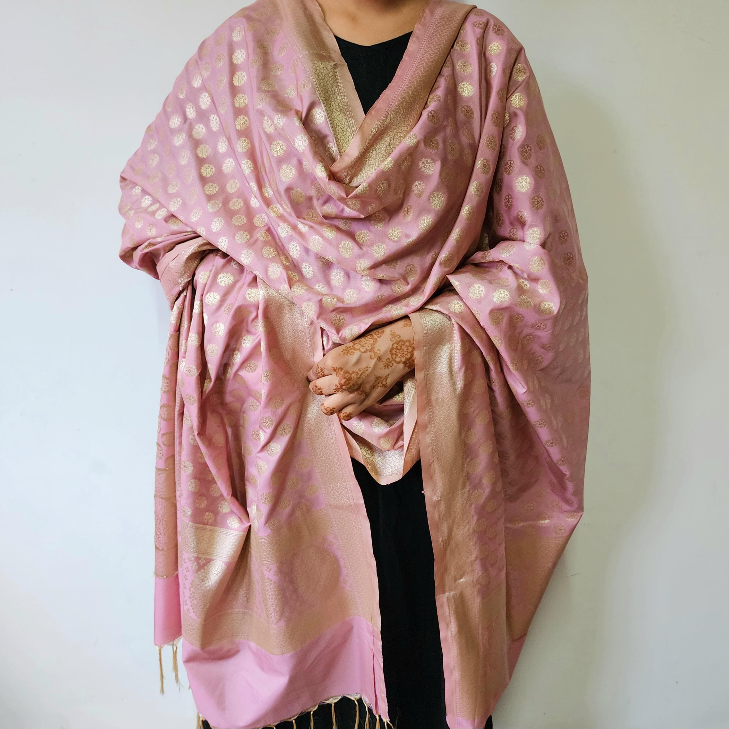 Baby Blush Pink Banarasi Dupatta  Soft Gold Dots, Chic Minimal Festive Wear