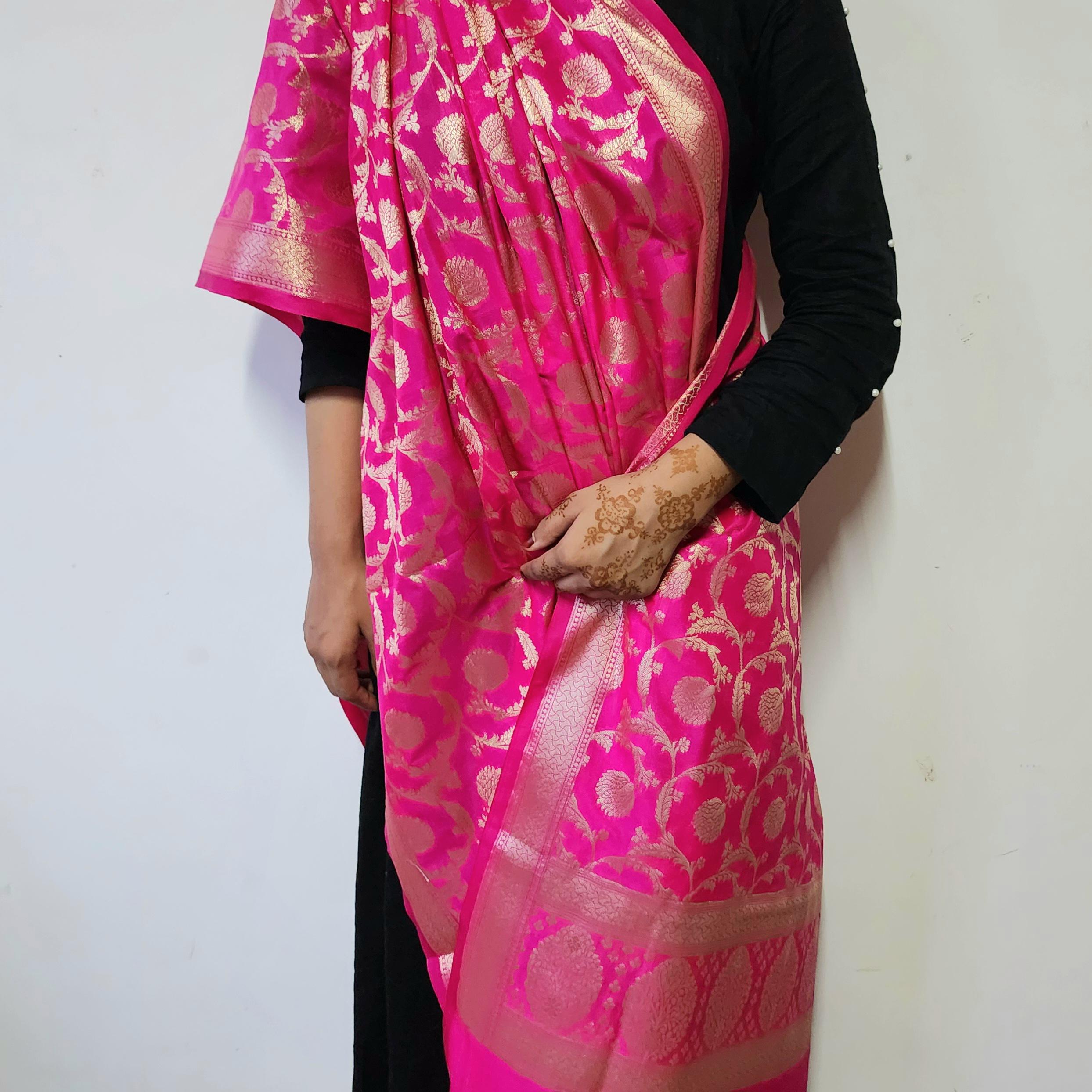 Charming Hot Pink Banarasi Dupatta  Golden Motifs, Perfect for Weddings & Festivals