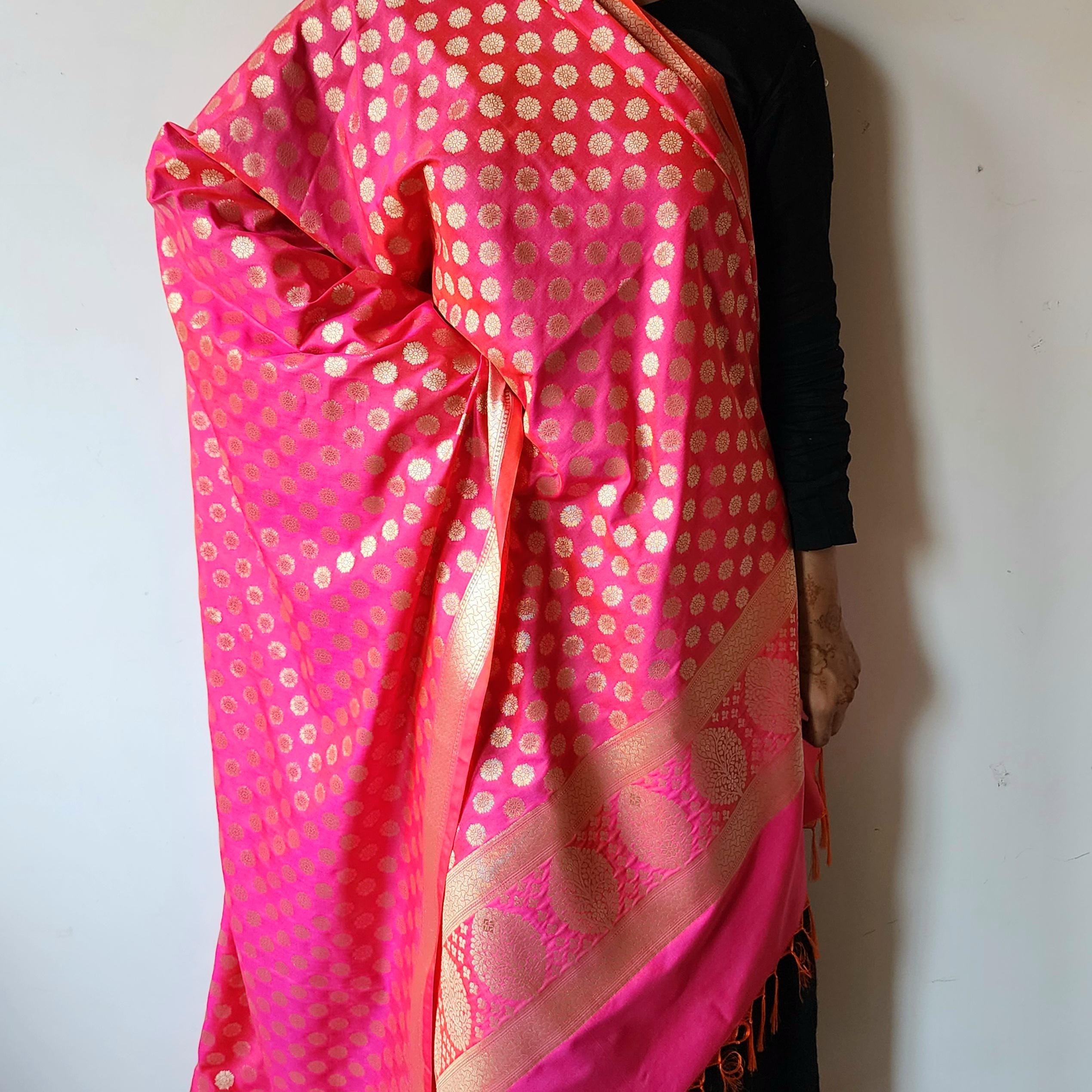 Coral Pink Banarasi Dupatta  Zari Polka Design, Radiant & Festive