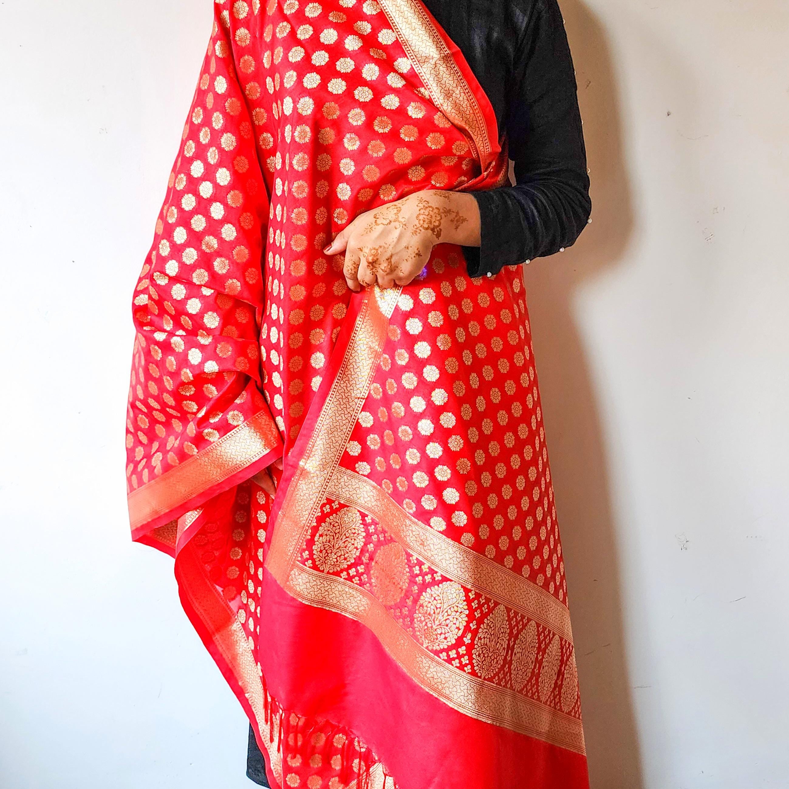 Crimson Red Banarasi Dupatta  Gold Butti Work, Classic Bridal Elegance