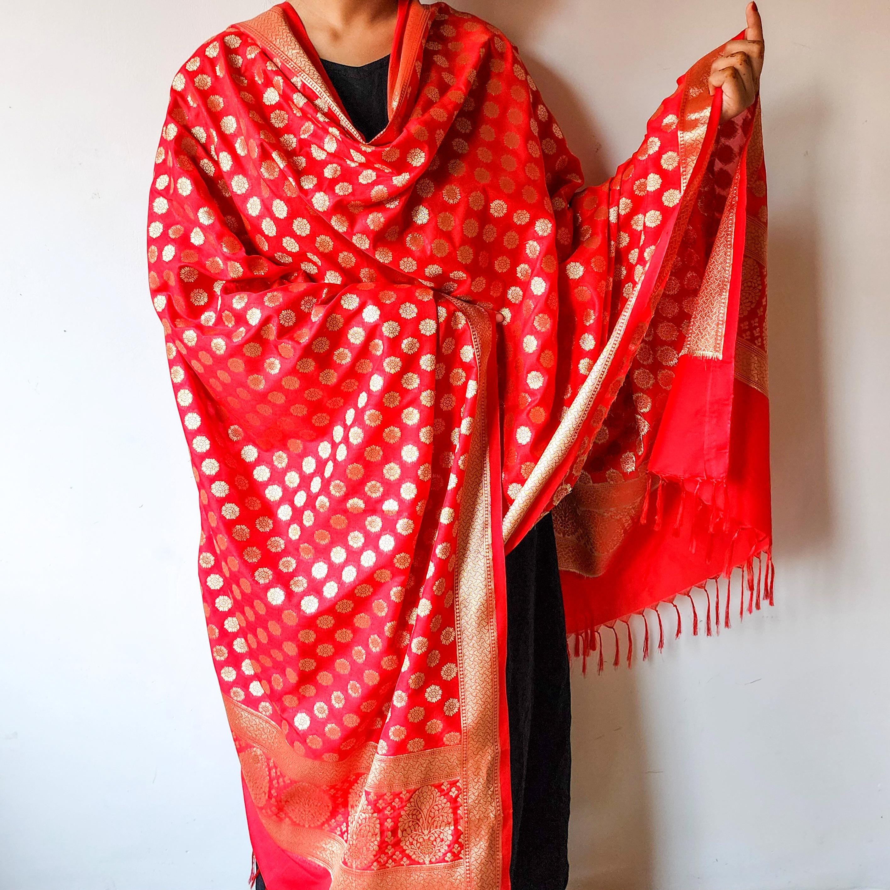 Crimson Red Banarasi Dupatta  Gold Butti Work, Classic Bridal Elegance