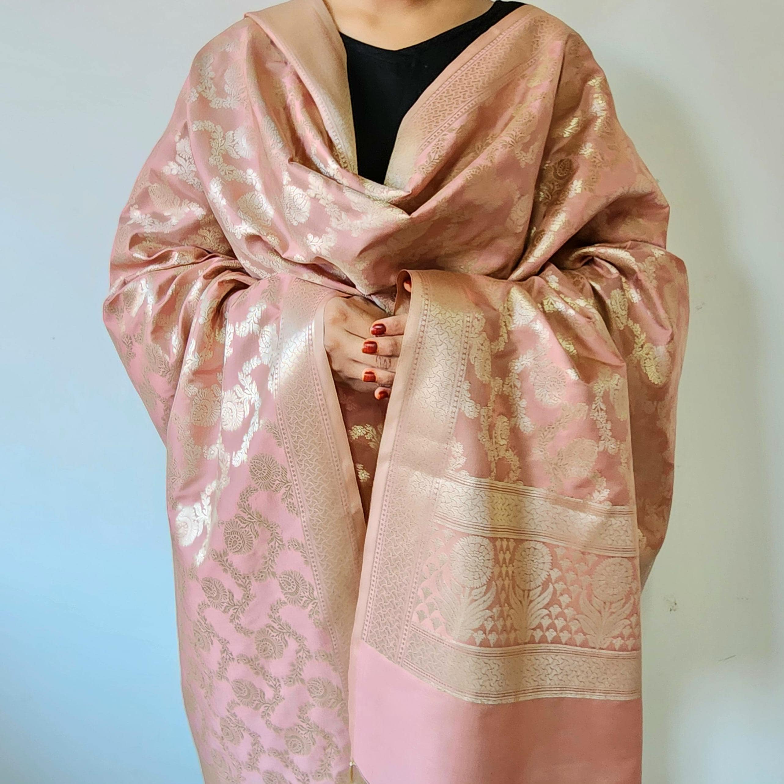 Dusty Rose Banarasi Dupatta  Classic Zari Weave, Peach Pink Elegance