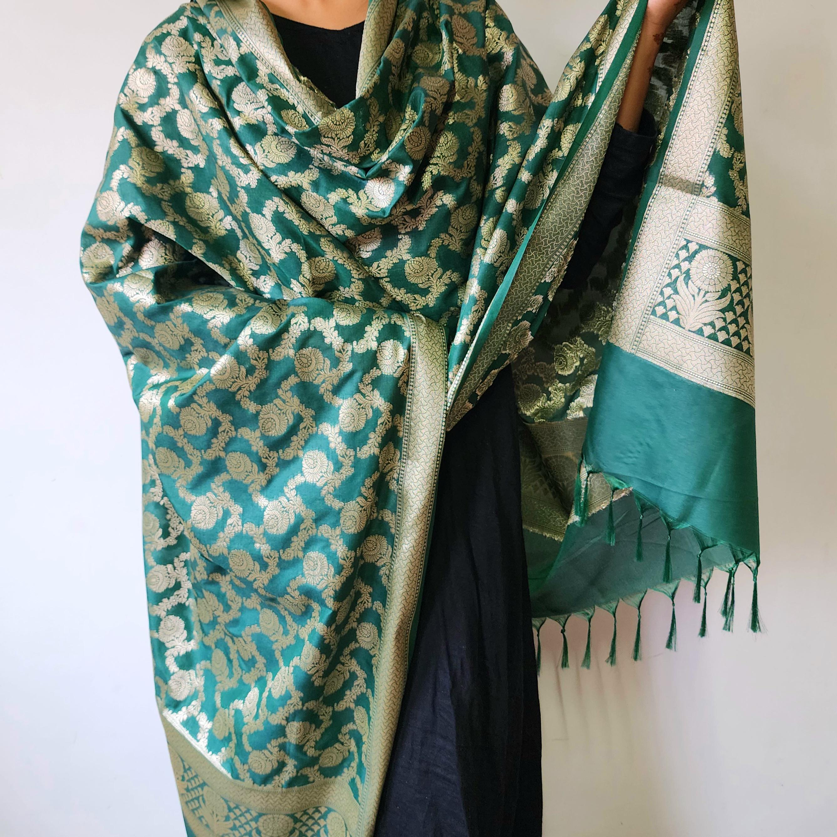 Emerald Green Banarasi Dupatta  Handwoven Golden Motifs, Festive Favorite