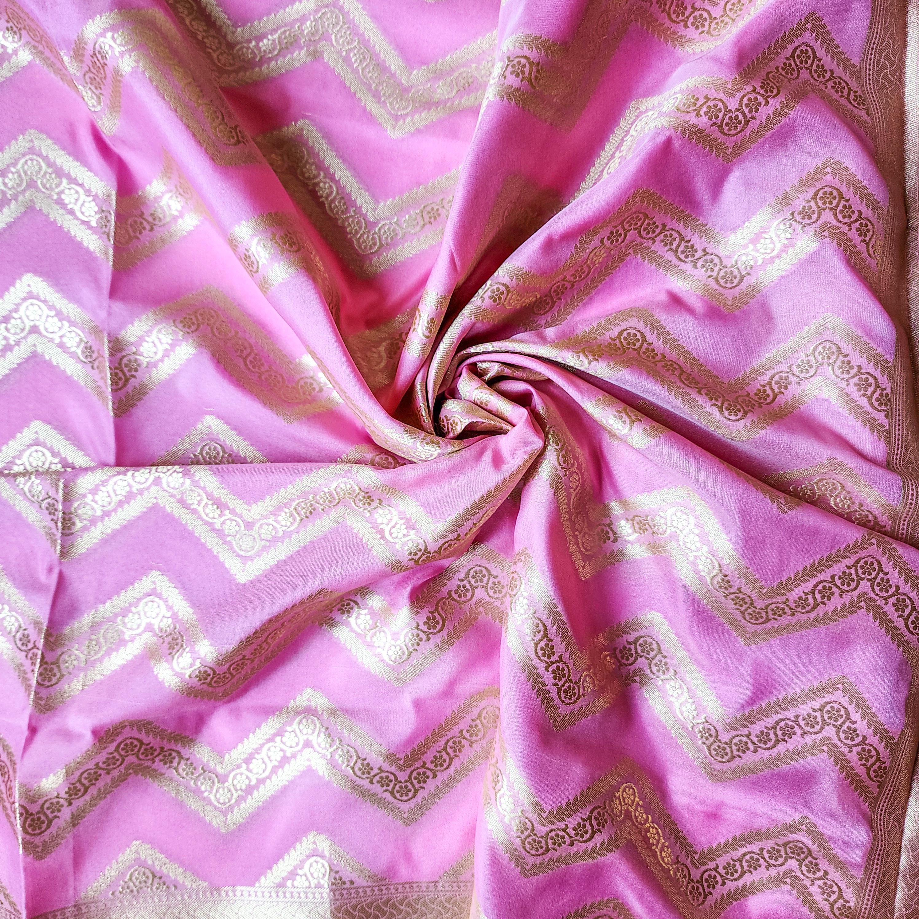 Soft Pastel Pink Banarasi Dupatta  Golden Chevron Pattern, Youthful Radiance