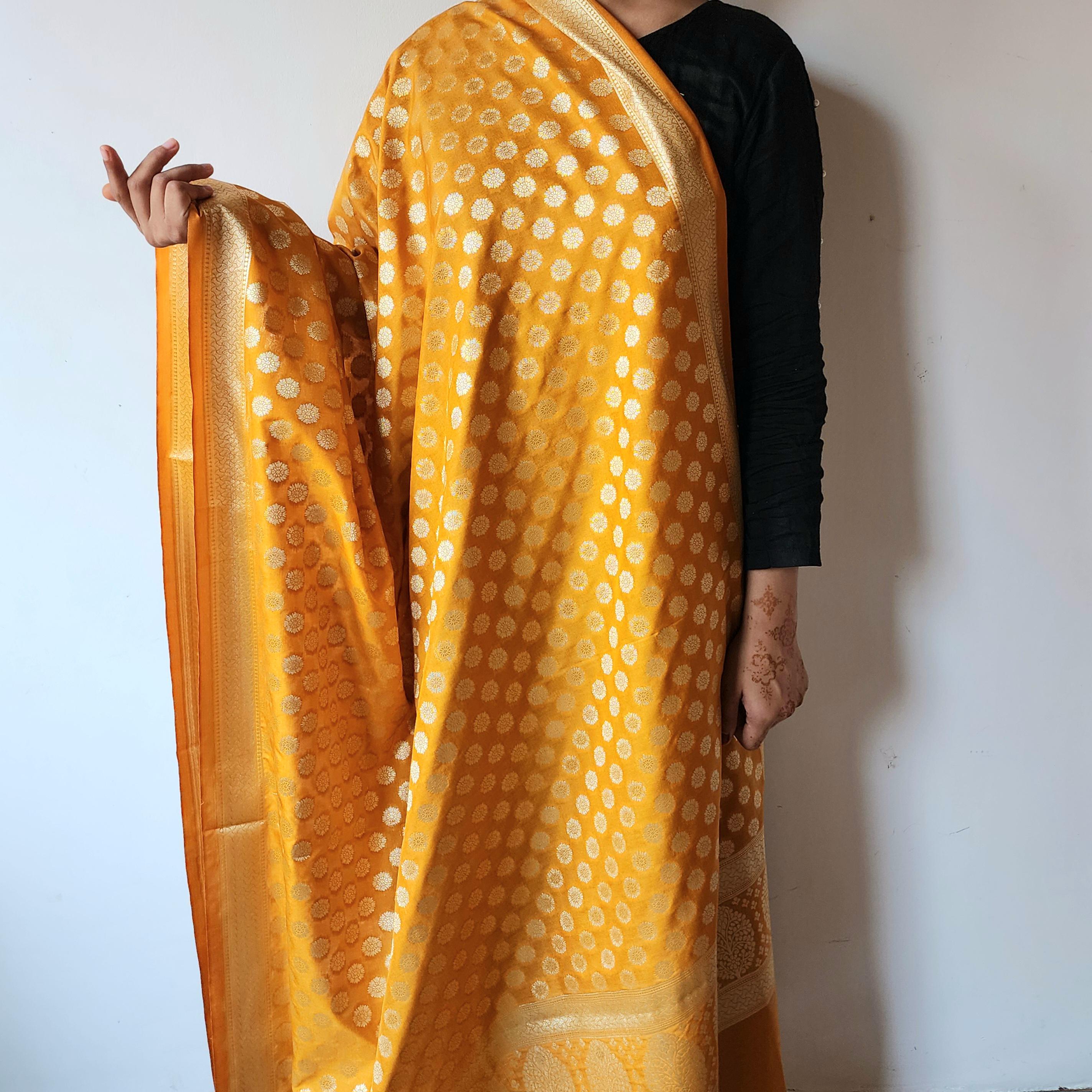 Mustard Yellow Banarasi Dupatta  Zari Butti Weave, Warm Heritage Charm